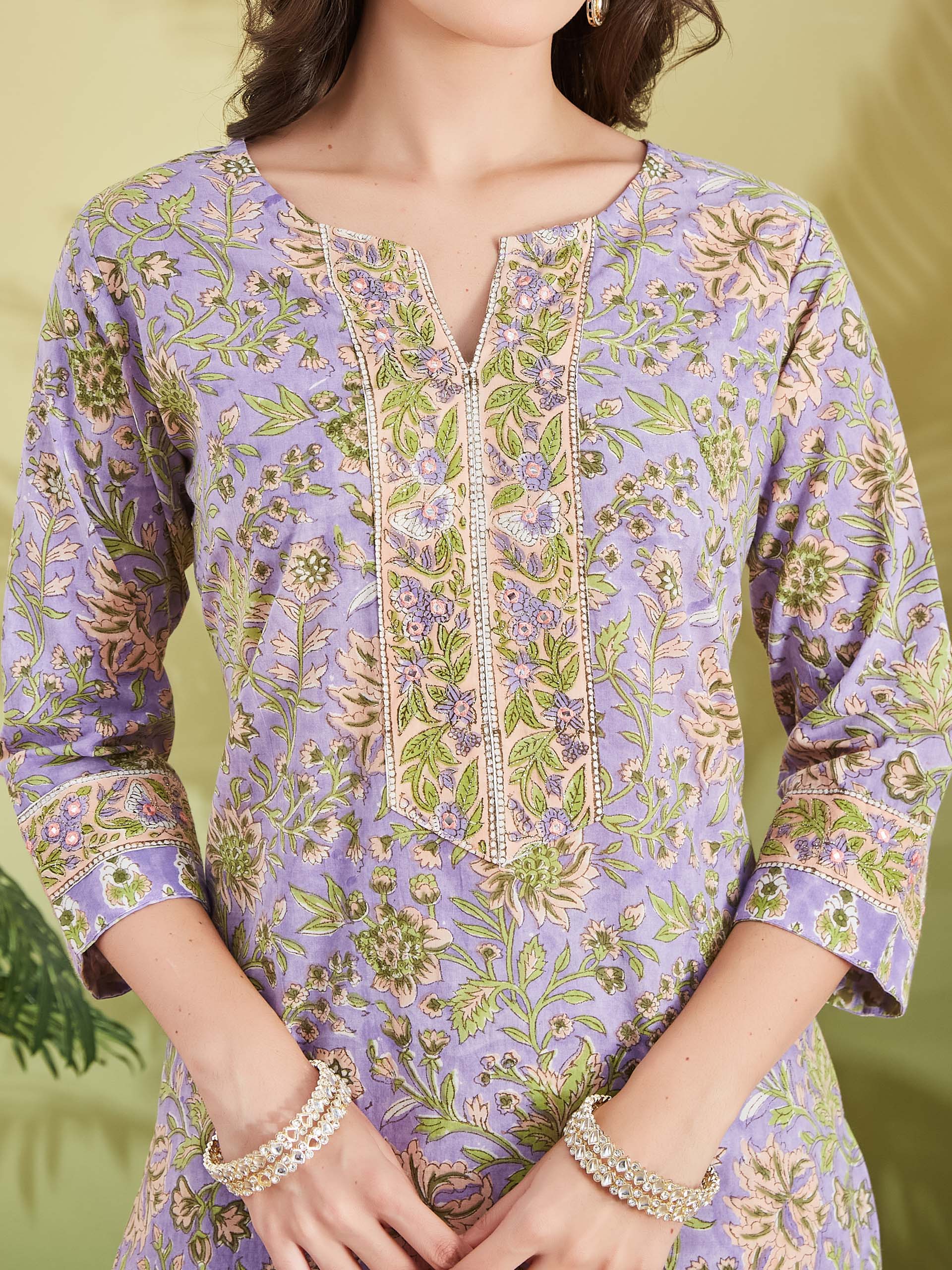 Women Hand block Printed Pure Cotton Straight Fit Purple Kurta with Trousers & Dupatta