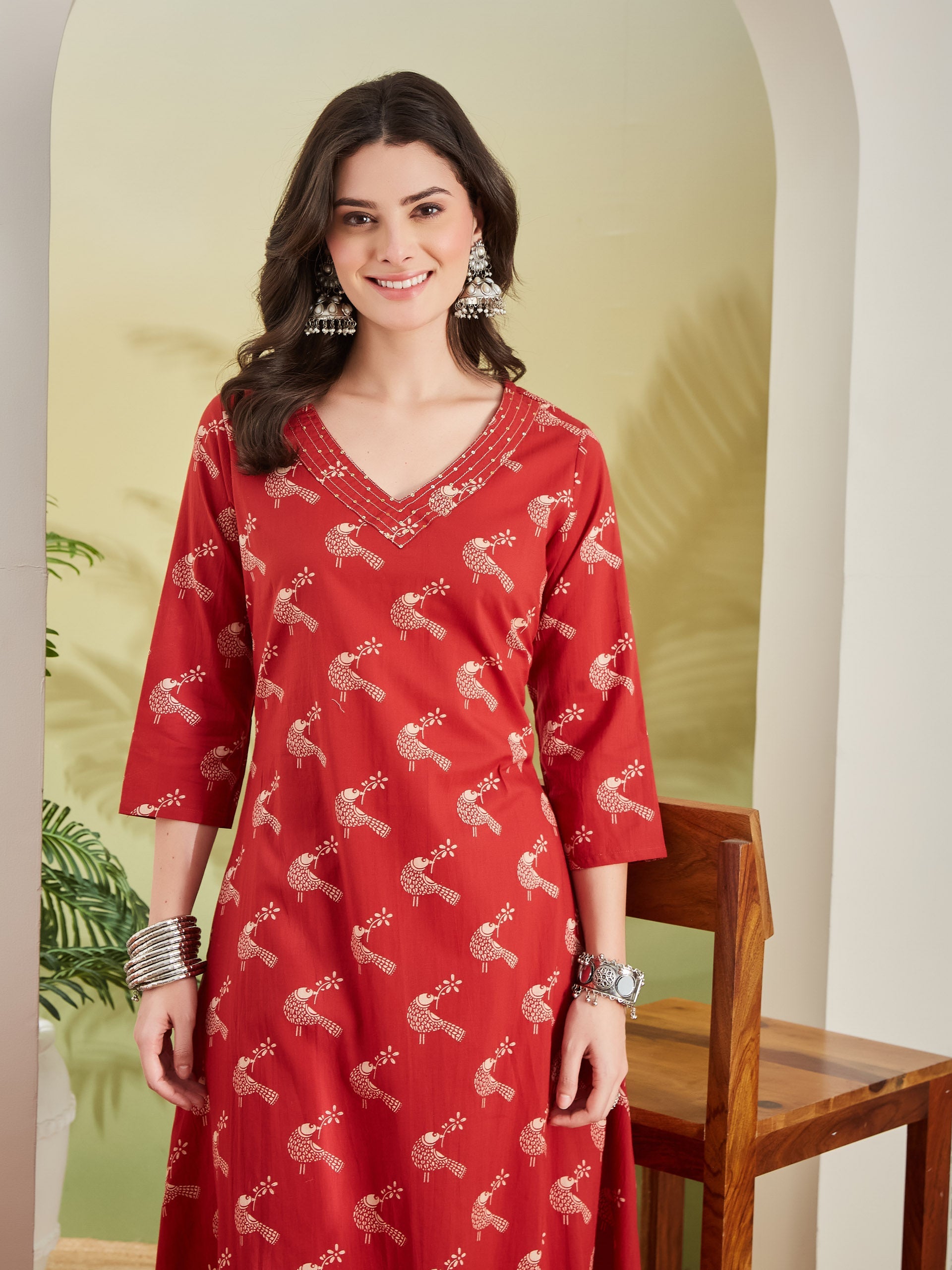 Pure Cotton Quirky Print A-Line Red Kurta with Pants