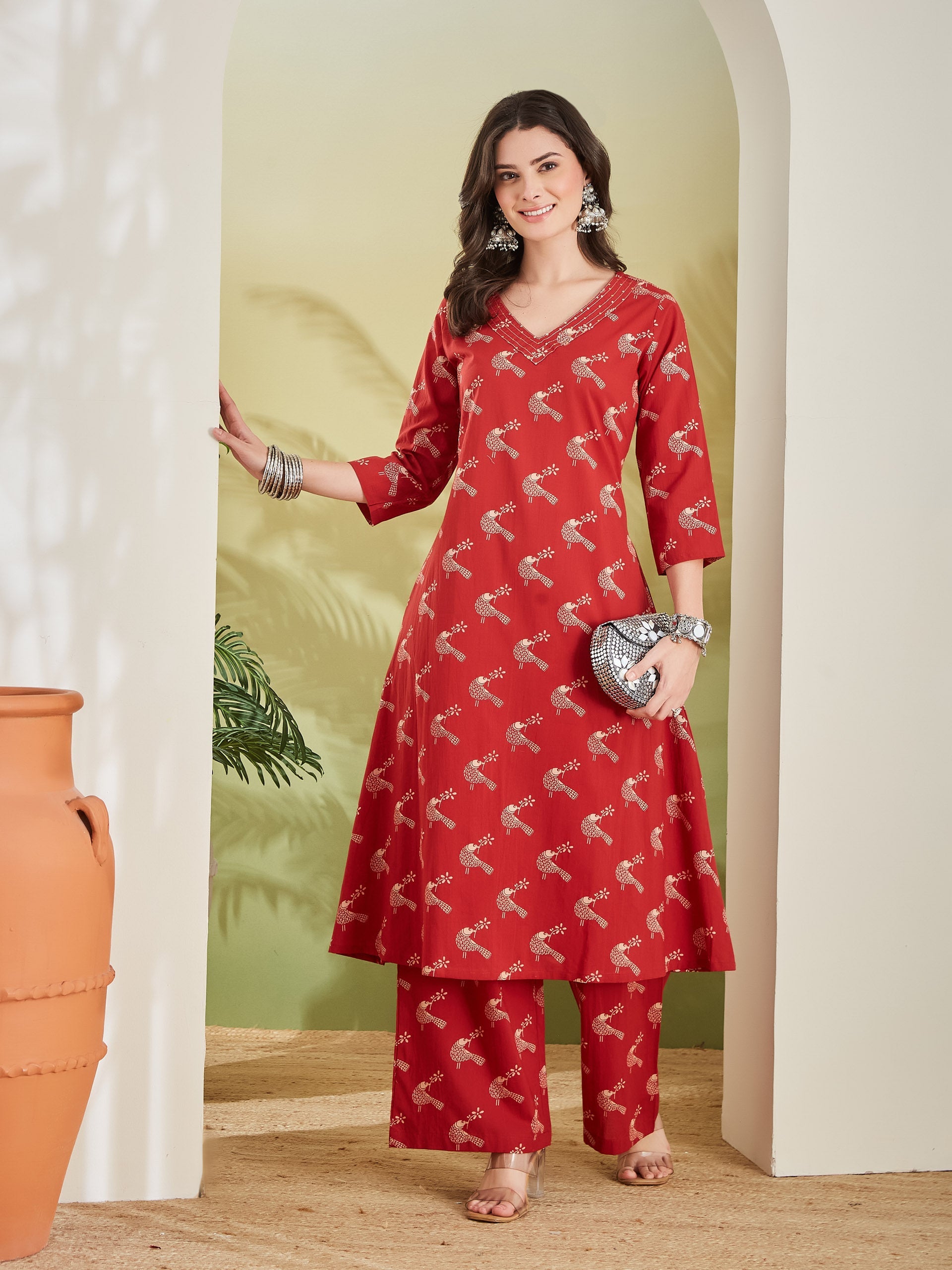 Pure Cotton Quirky Print A-Line Red Kurta with Pants