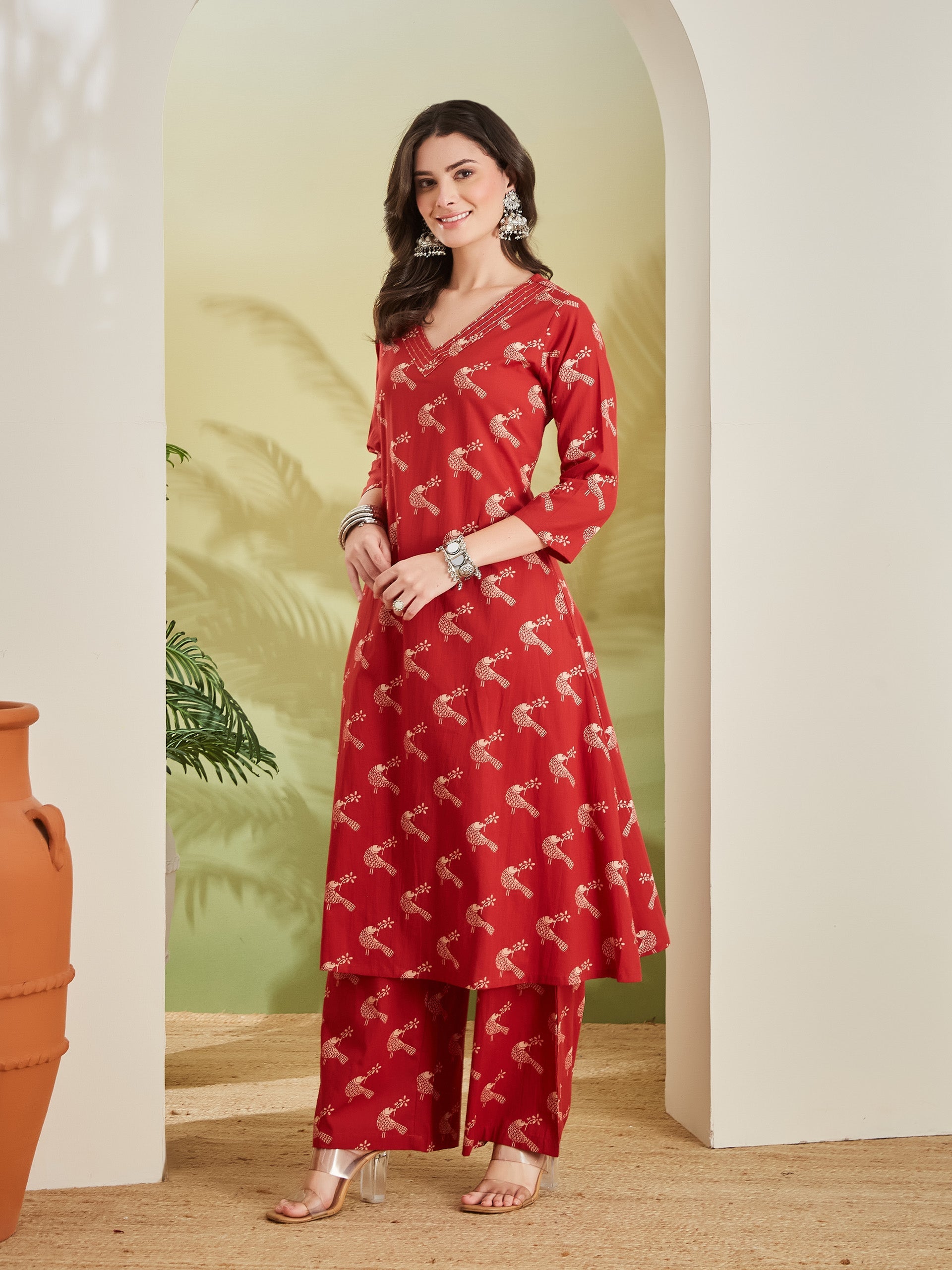 Pure Cotton Quirky Print A-Line Red Kurta with Pants