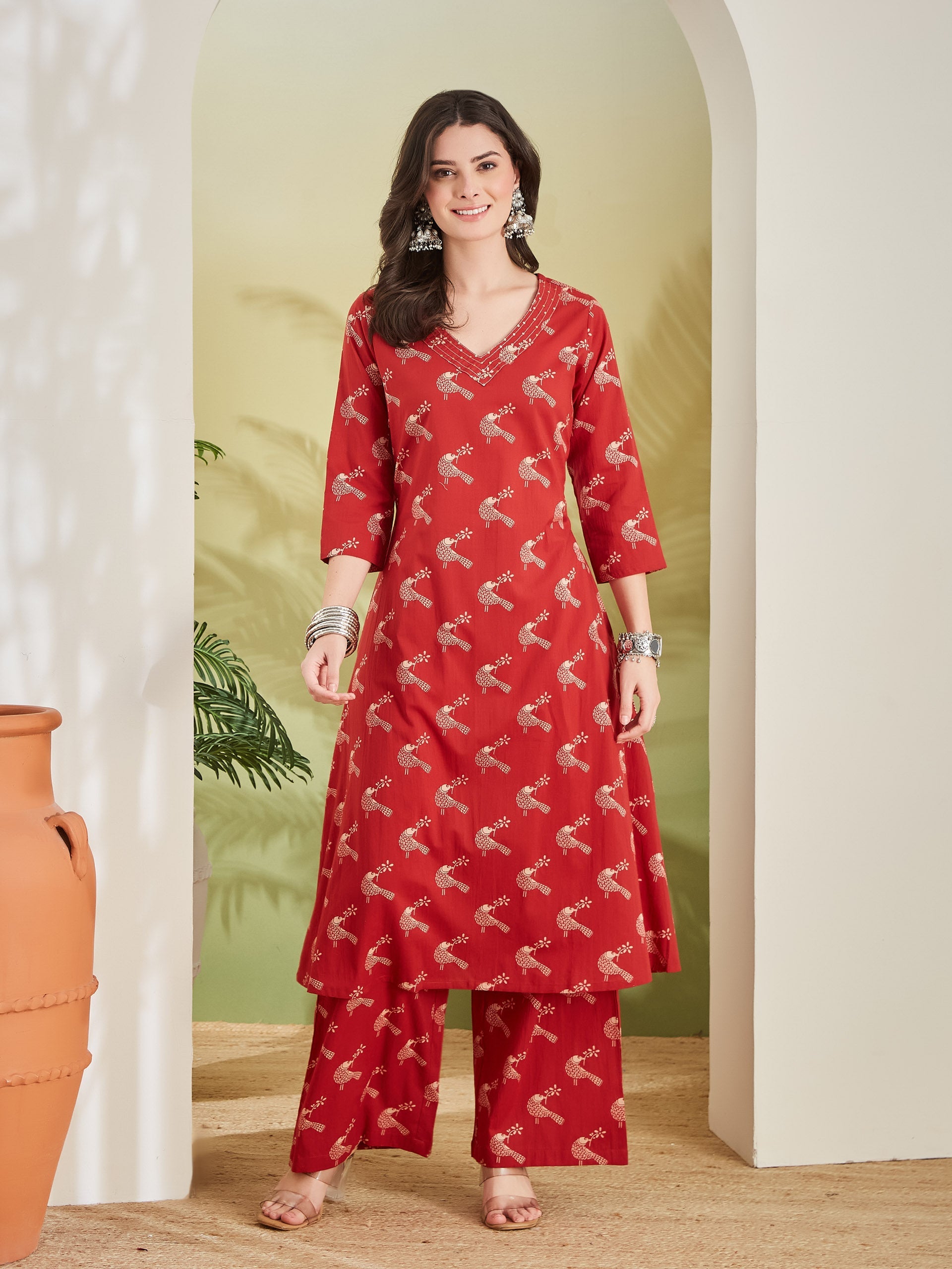 Pure Cotton Quirky Print A-Line Red Kurta with Pants