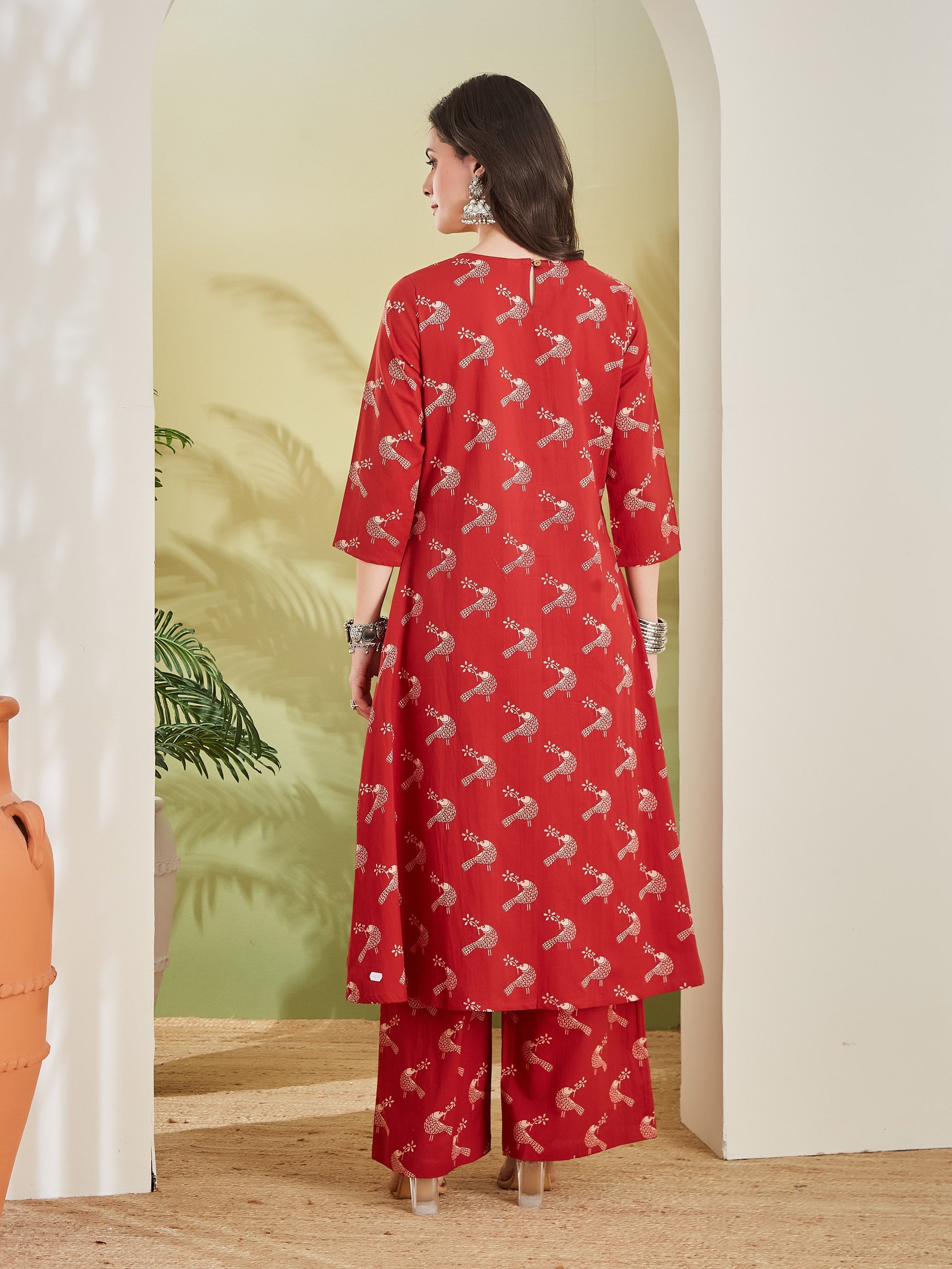 Pure Cotton Quirky Print A-Line Red Kurta with Pants