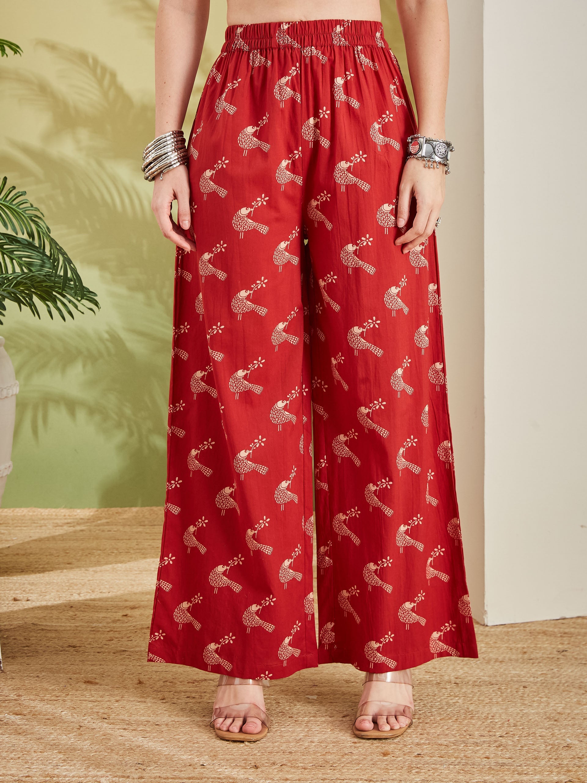 Pure Cotton Quirky Print A-Line Red Kurta with Pants
