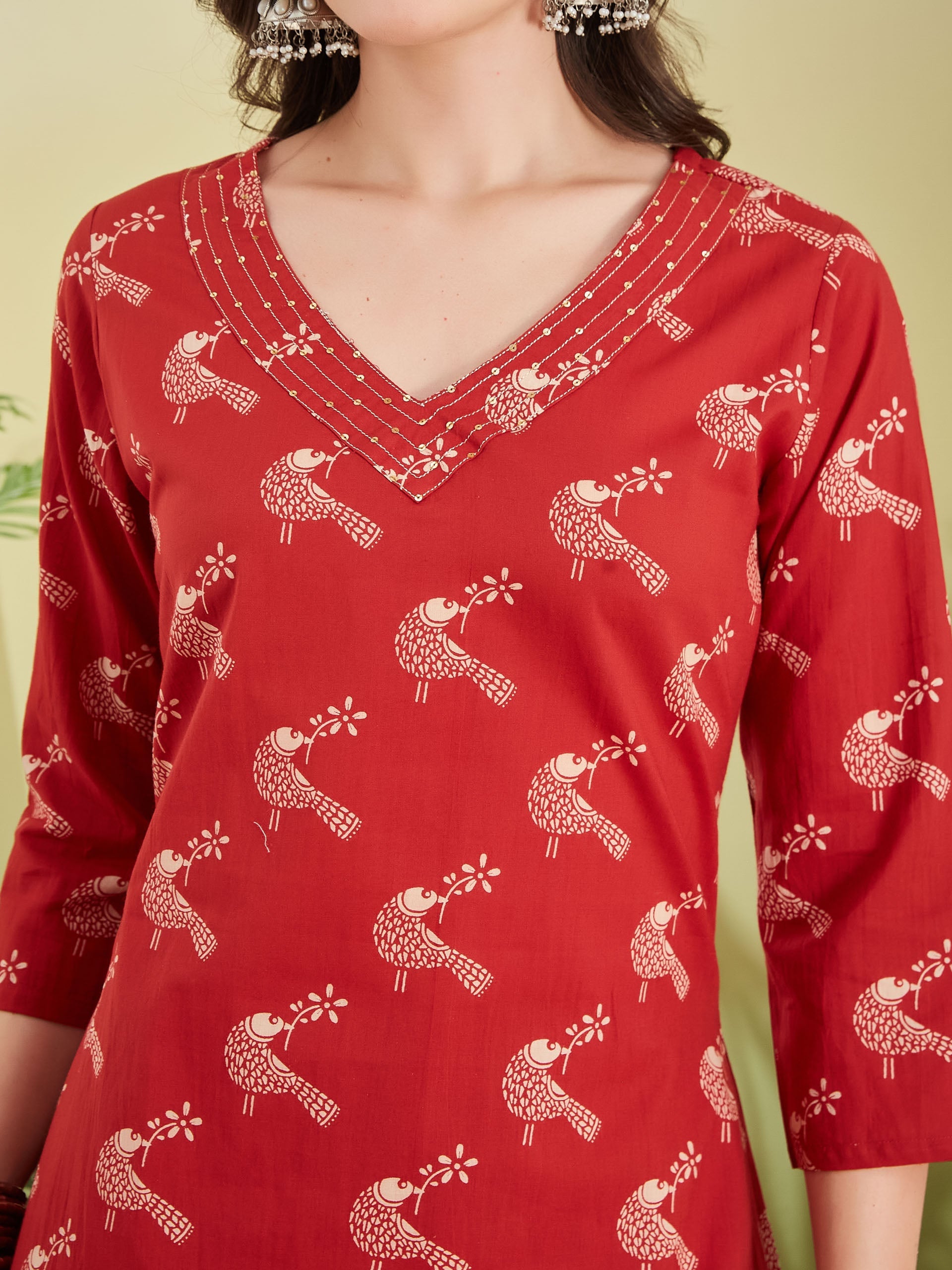 Pure Cotton Quirky Print A-Line Red Kurta with Pants