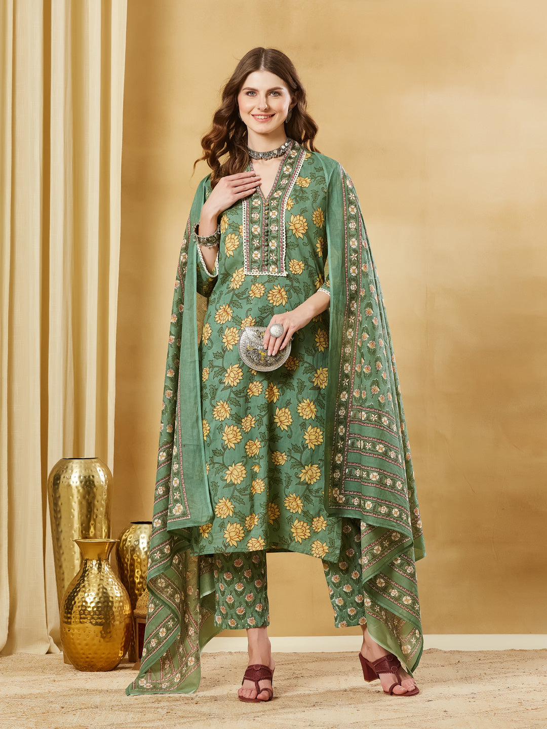 Green A-Line Cotton Kurta Pant Set With Dupatta