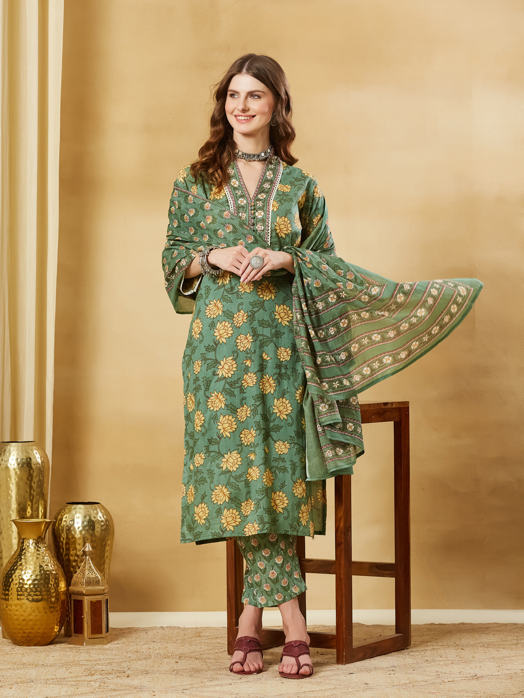 Green A-Line Cotton Kurta Pant Set With Dupatta