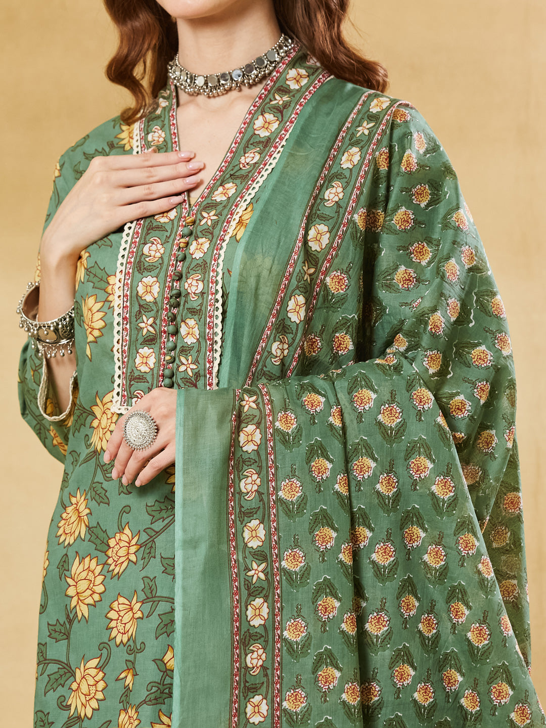 Green A-Line Cotton Kurta Pant Set With Dupatta