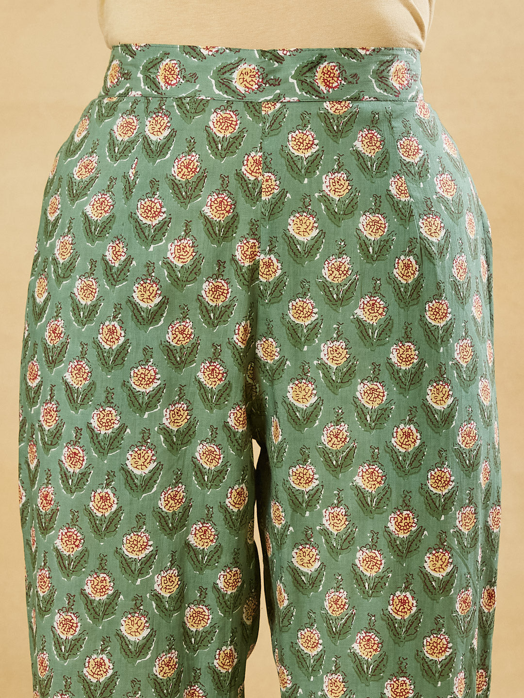 Green A-Line Cotton Kurta Pant Set With Dupatta