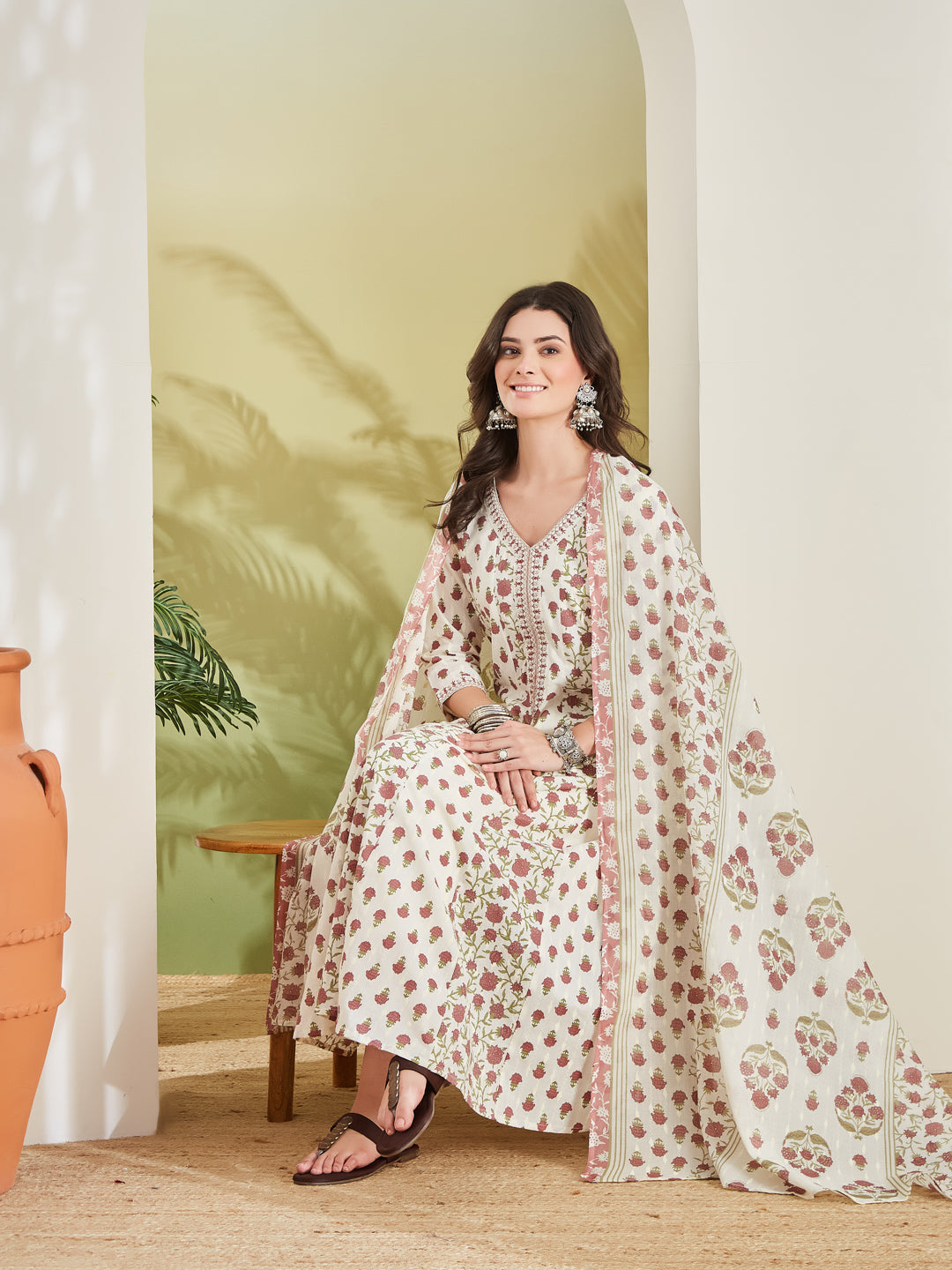 Women Floral Printed Pure Cotton Cream Anarkali Kurta With Trousers & Dupatta