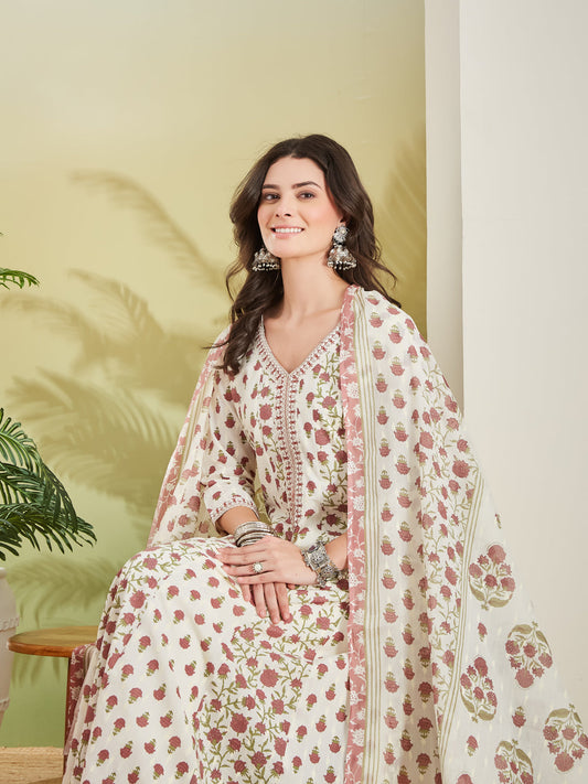 Women Floral Printed Pure Cotton Cream Anarkali Kurta With Trousers & Dupatta