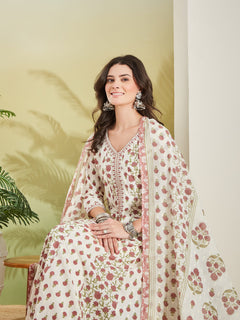 Women Floral Printed Pure Cotton Cream Anarkali Kurta With Trousers & Dupatta
