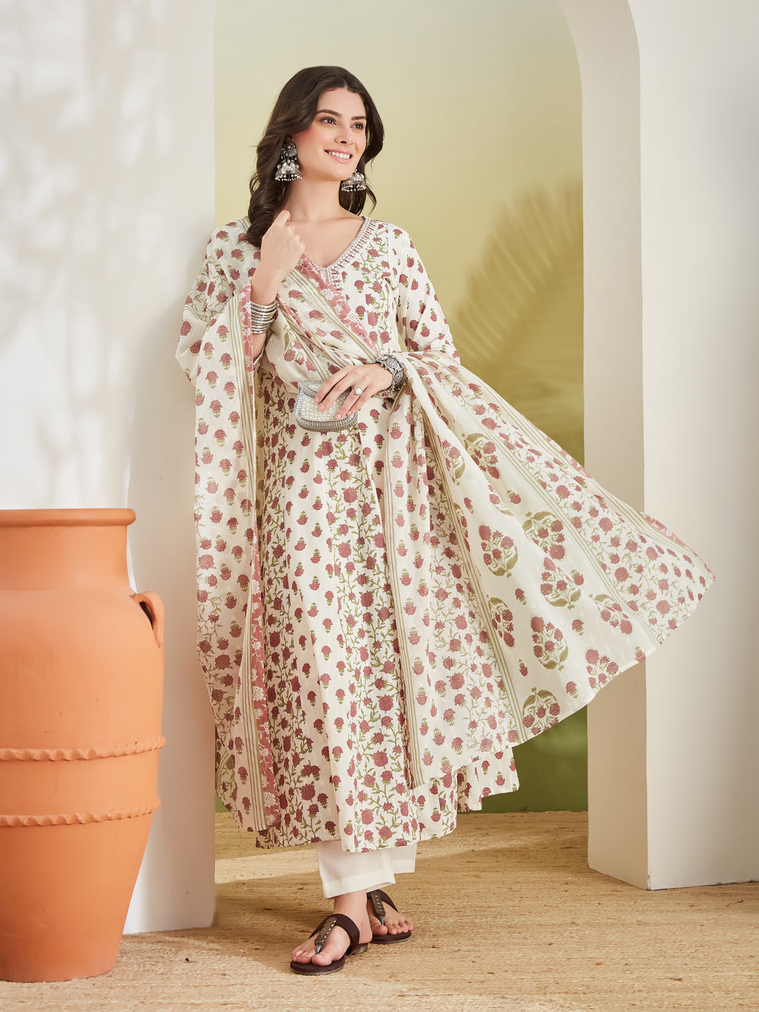 Women Floral Printed Pure Cotton Cream Anarkali Kurta With Trousers & Dupatta