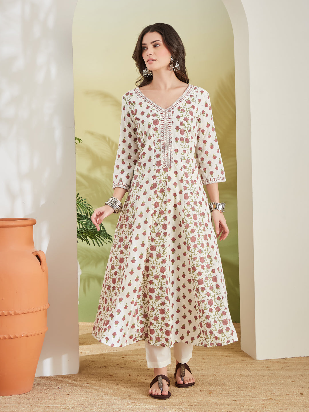Women Floral Printed Pure Cotton Cream Anarkali Kurta With Trousers & Dupatta