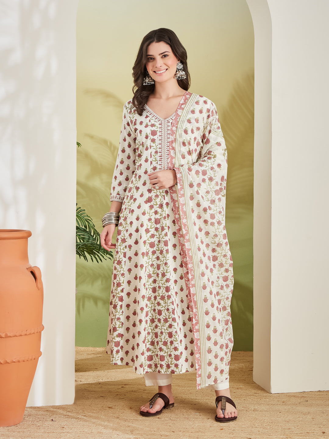 Women Floral Printed Pure Cotton Cream Anarkali Kurta With Trousers & Dupatta