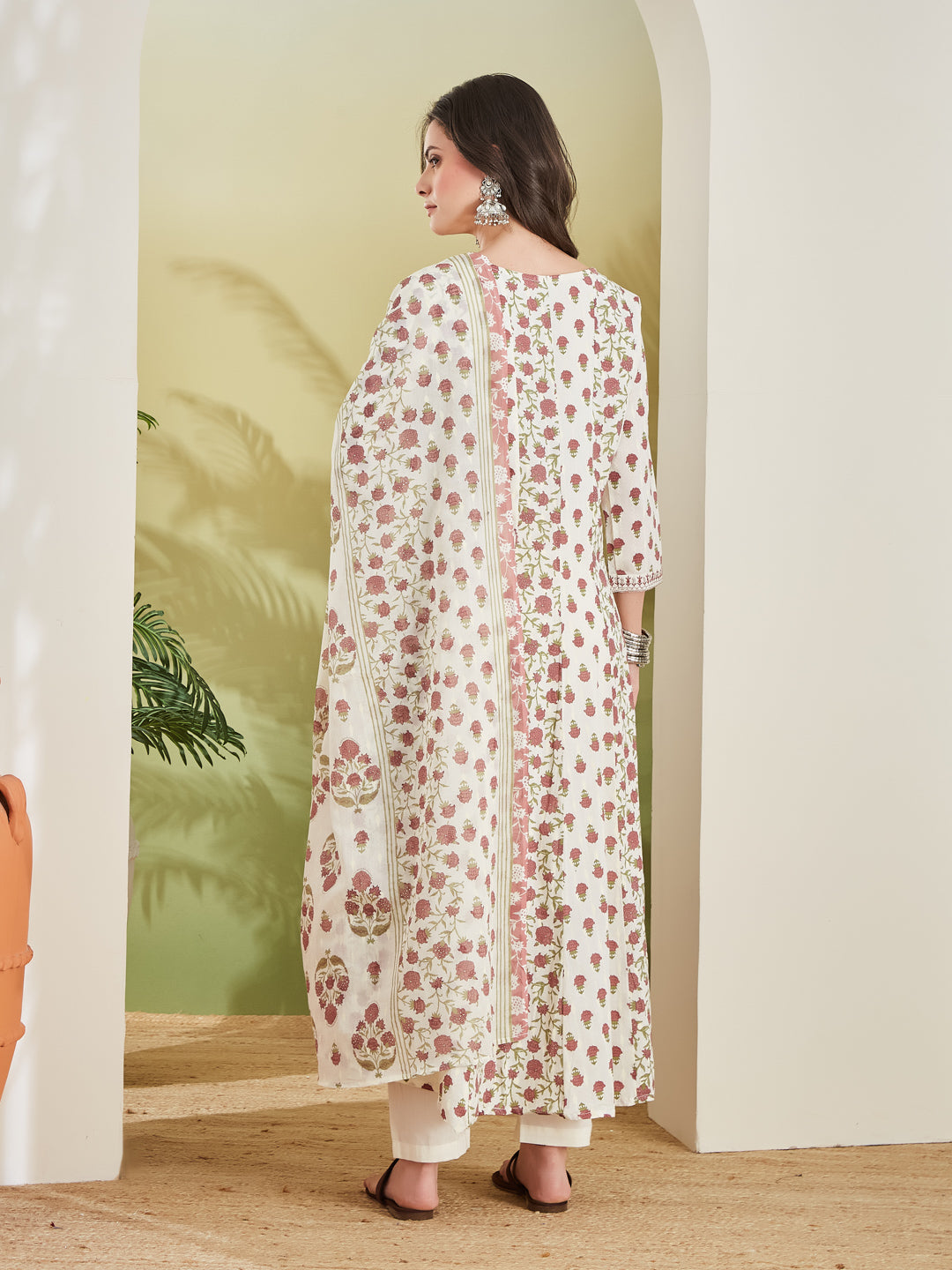 Women Floral Printed Pure Cotton Cream Anarkali Kurta With Trousers & Dupatta