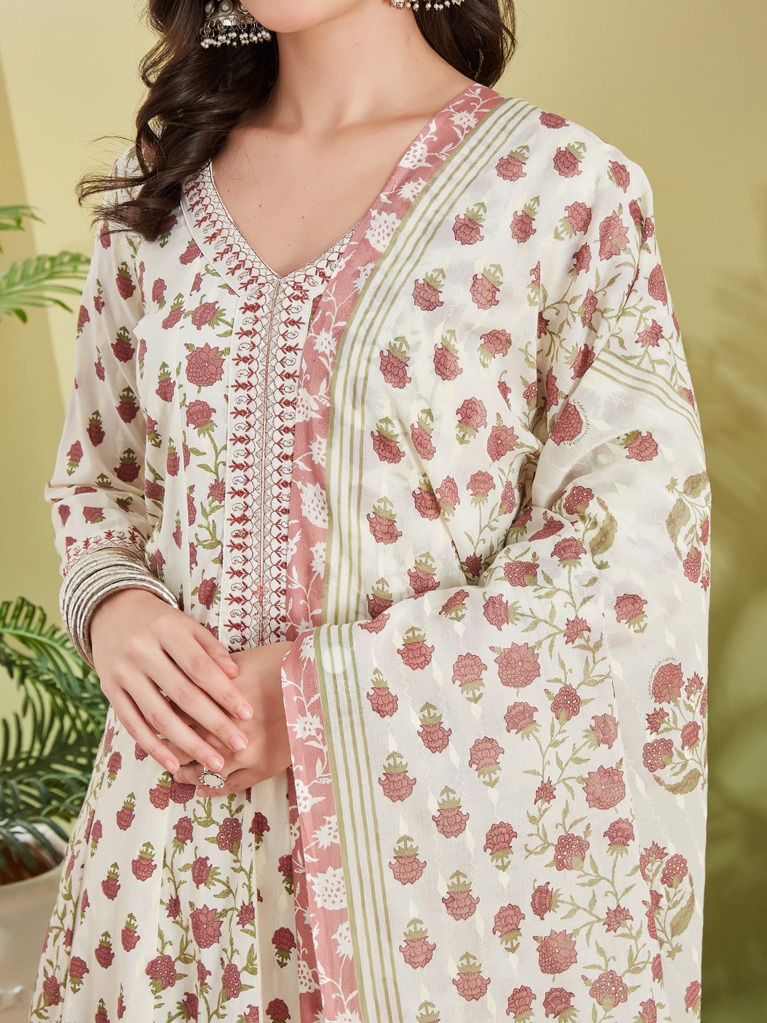 Women Floral Printed Pure Cotton Cream Anarkali Kurta With Trousers & Dupatta
