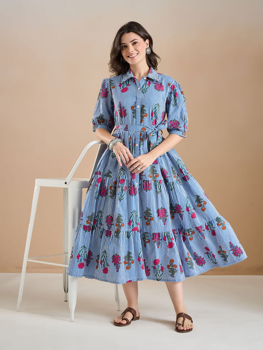 Floral Print Pure Cotton Blue Dress