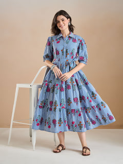 Floral Print Pure Cotton Blue Dress