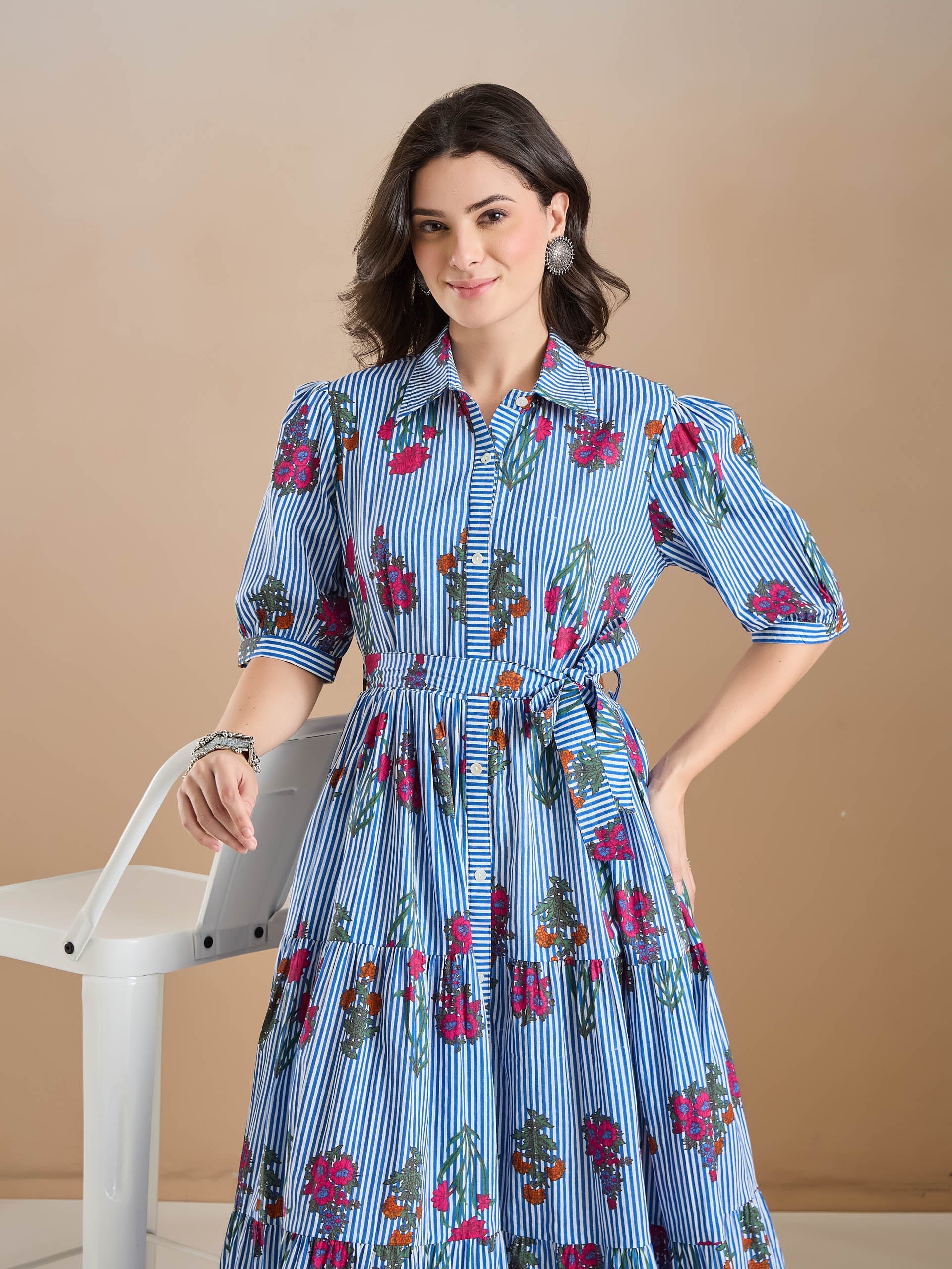 Floral Print Pure Cotton Blue Dress