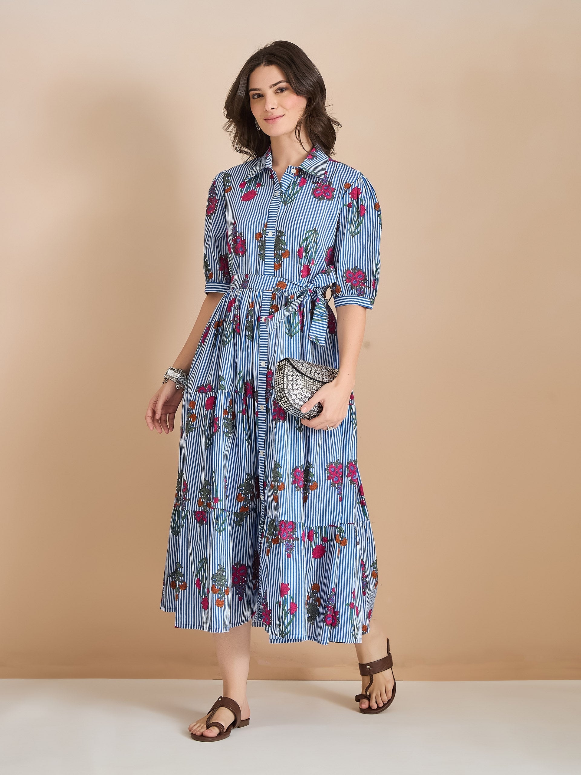 Floral Print Pure Cotton Blue Dress