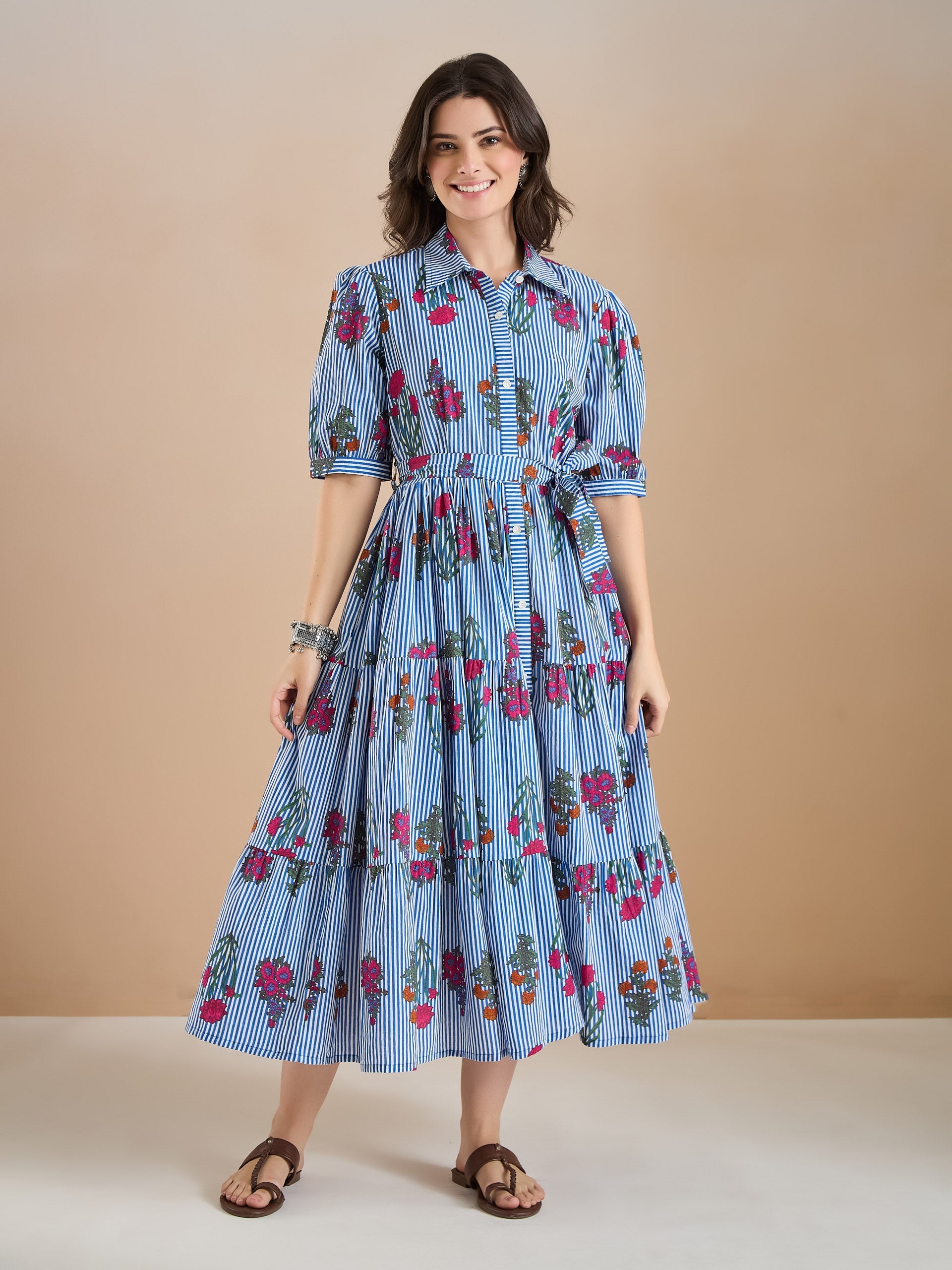 Floral Print Pure Cotton Blue Dress