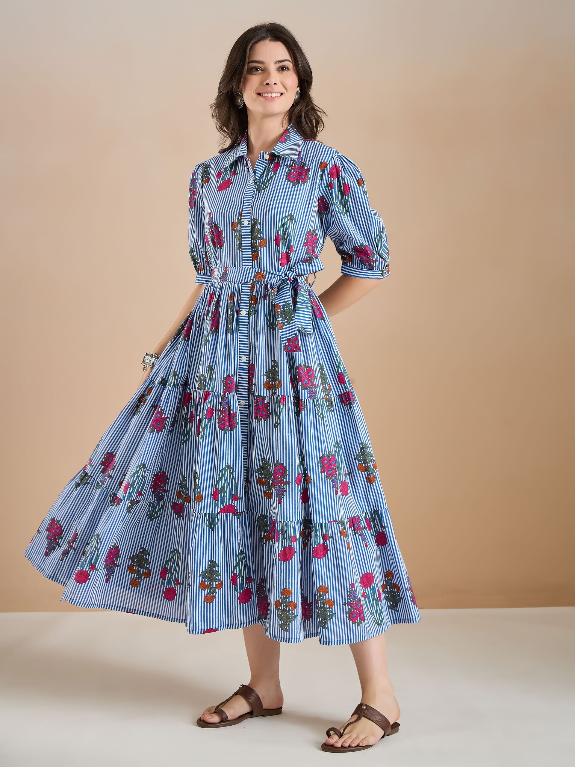 Floral Print Pure Cotton Blue Dress