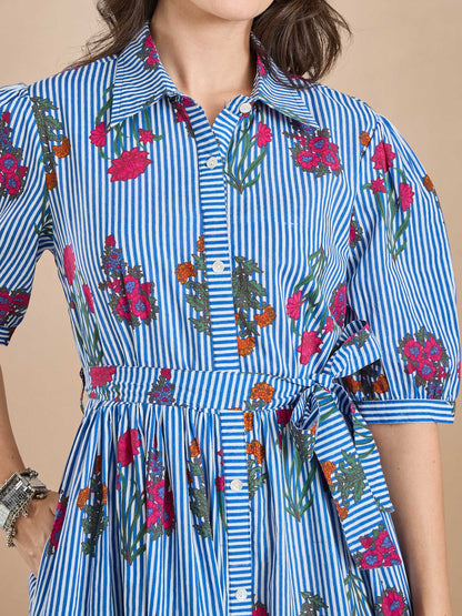 Floral Print Pure Cotton Blue Dress