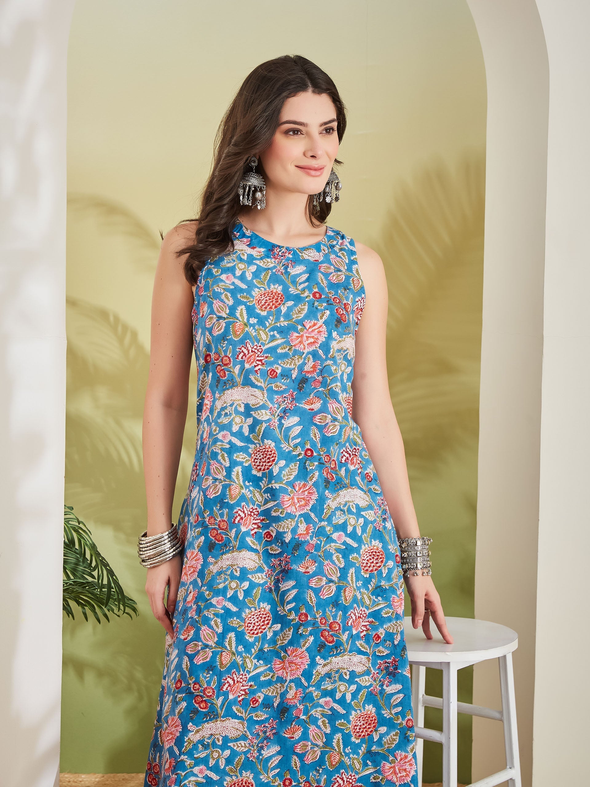 Women HandBlock Print Pure Cotton Sky Blue A-Line Kurta with Palazzo Set