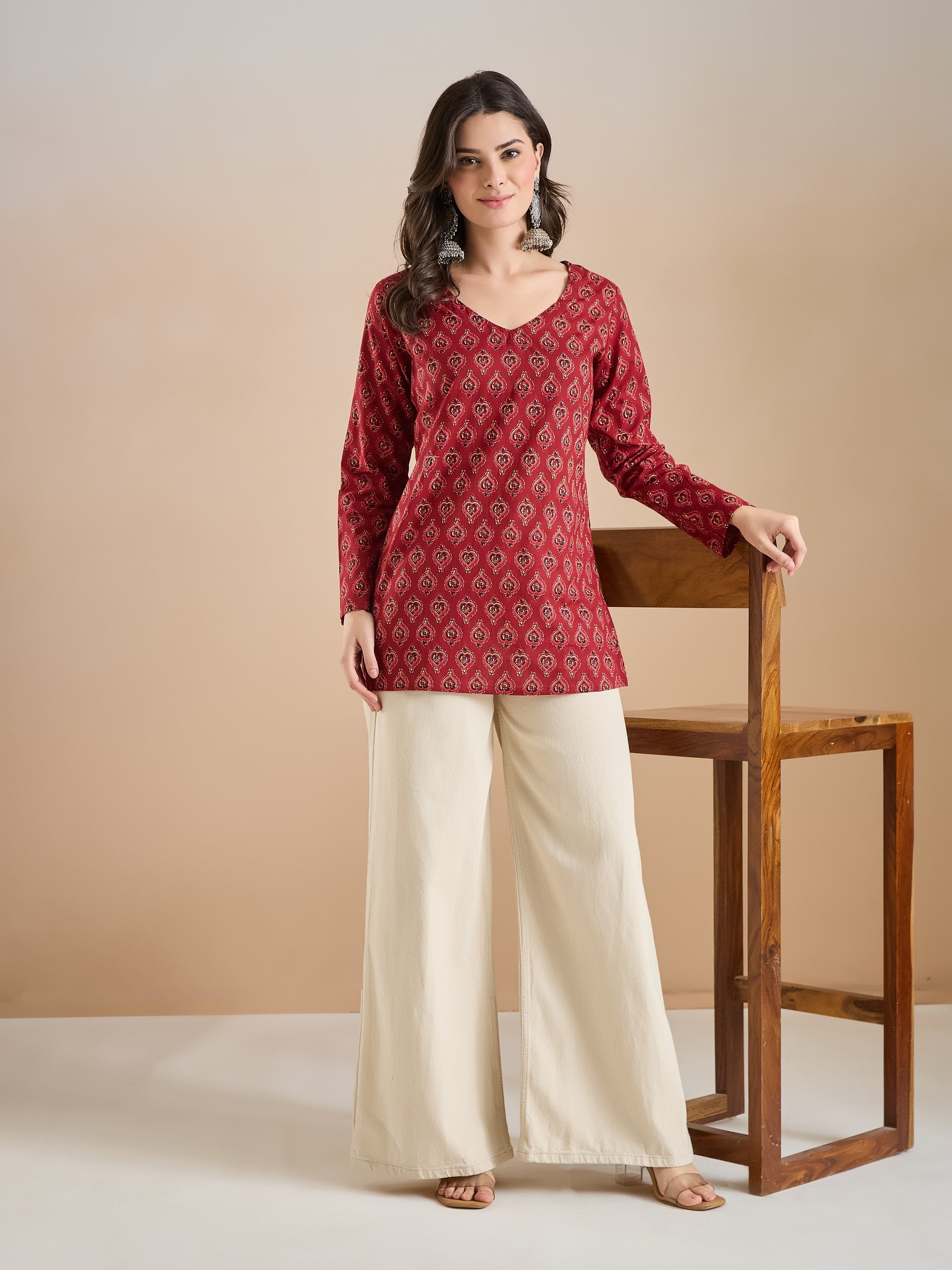 Women Ethnic Motif Print Pure Cotton Maroon Top