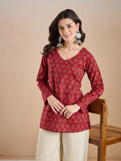 Women Ethnic Motif Print Pure Cotton Maroon Top