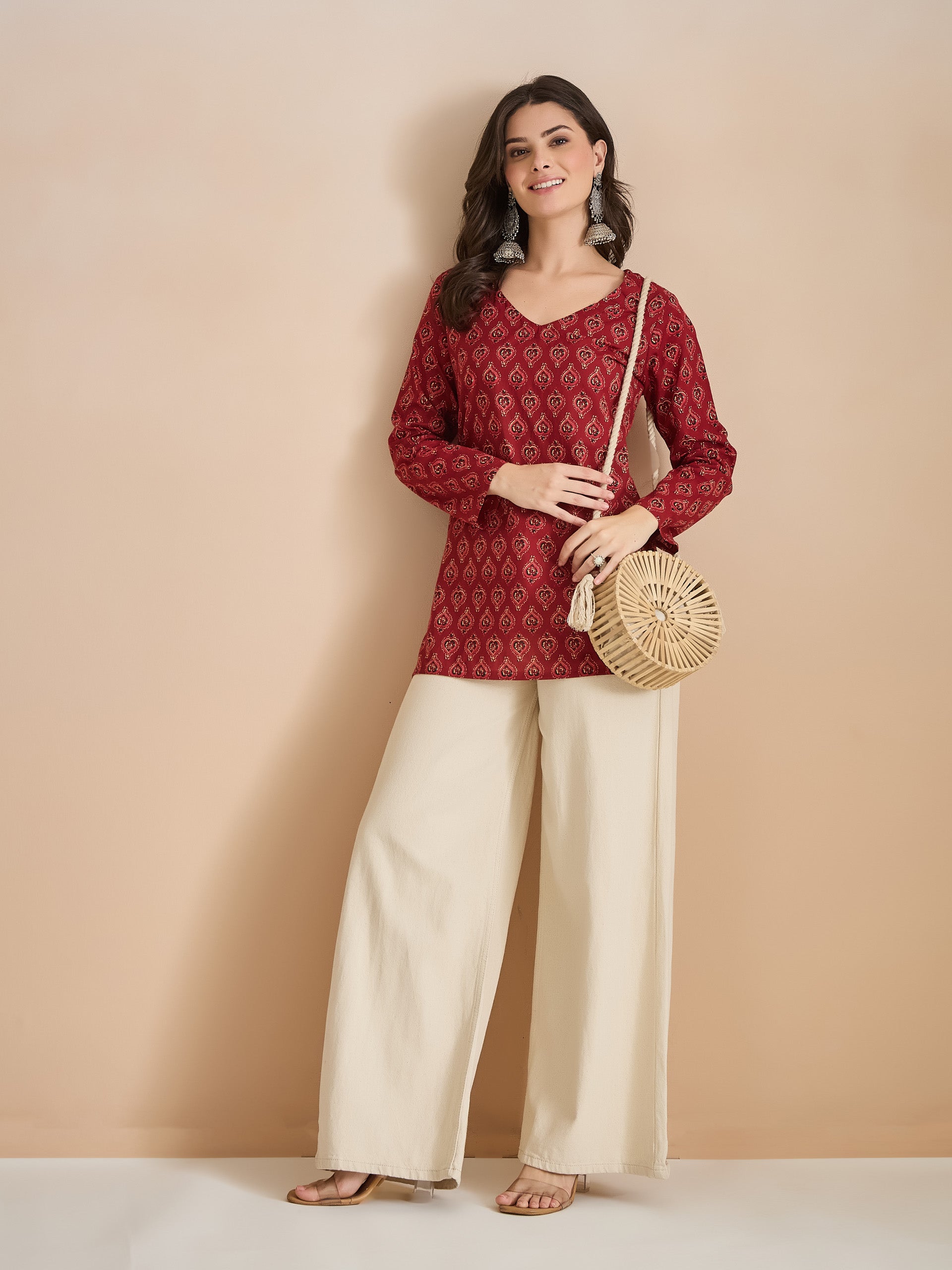 Women Ethnic Motif Print Pure Cotton Maroon Top
