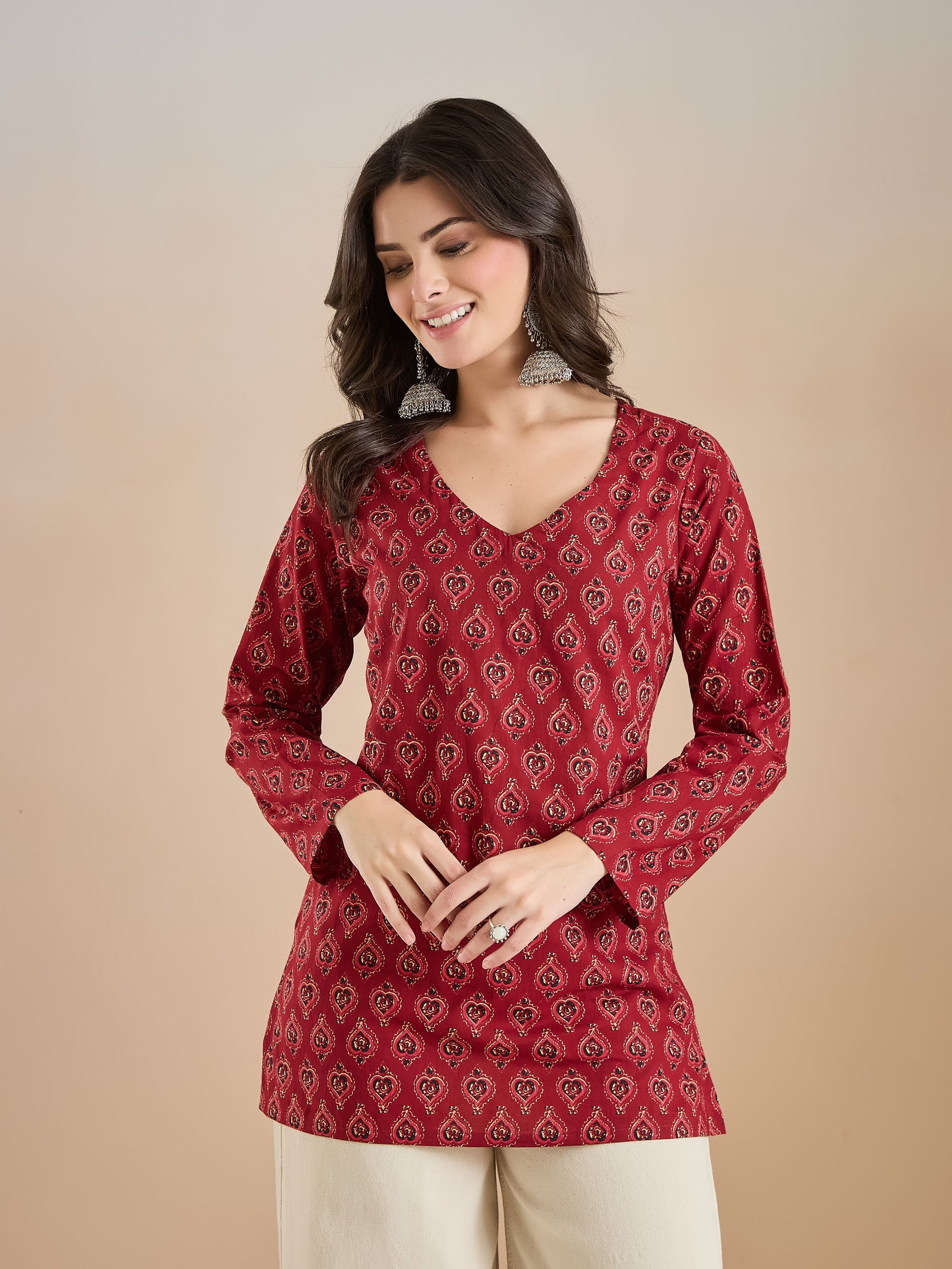 Women Ethnic Motif Print Pure Cotton Maroon Top