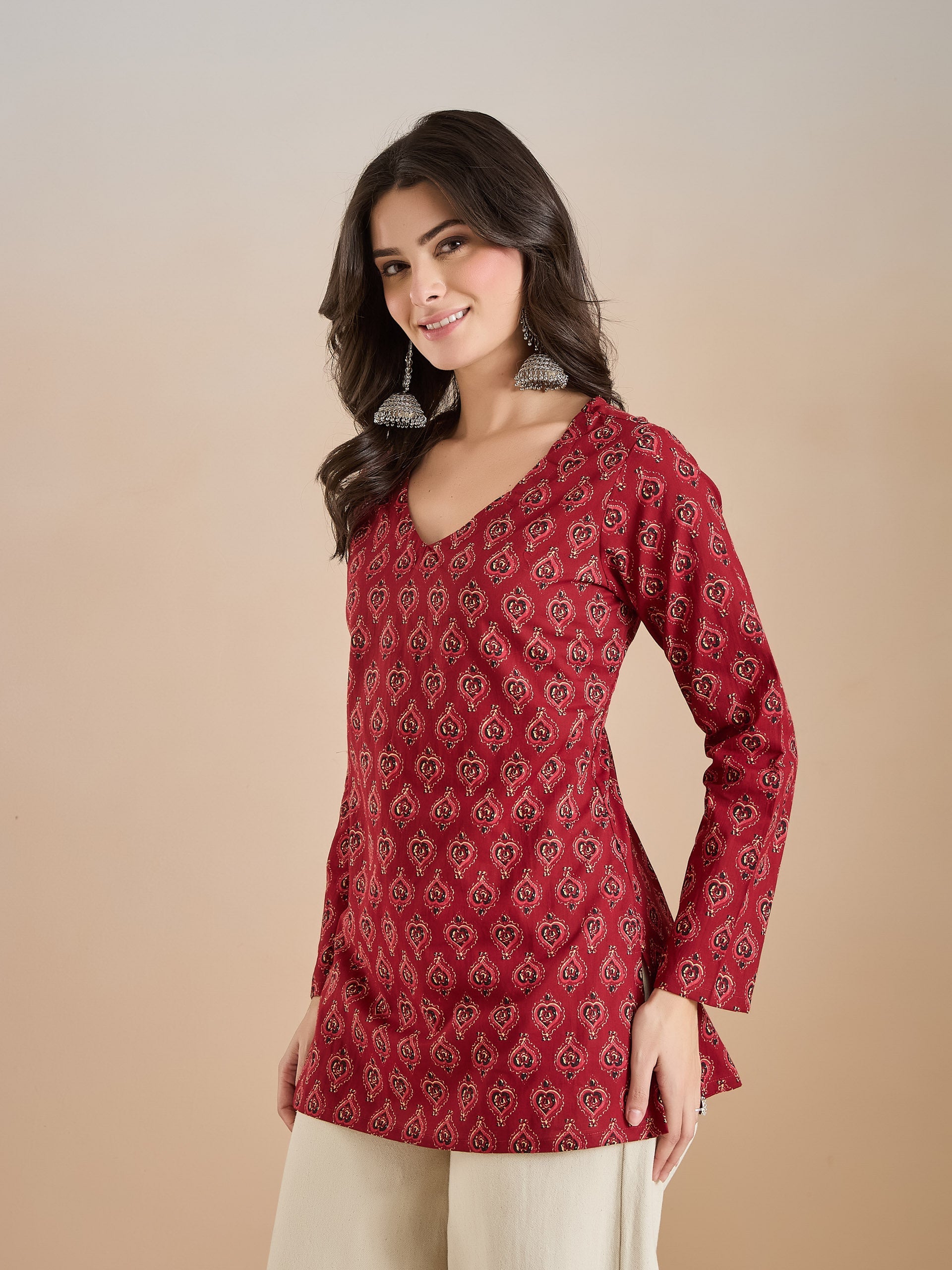 Women Ethnic Motif Print Pure Cotton Maroon Top