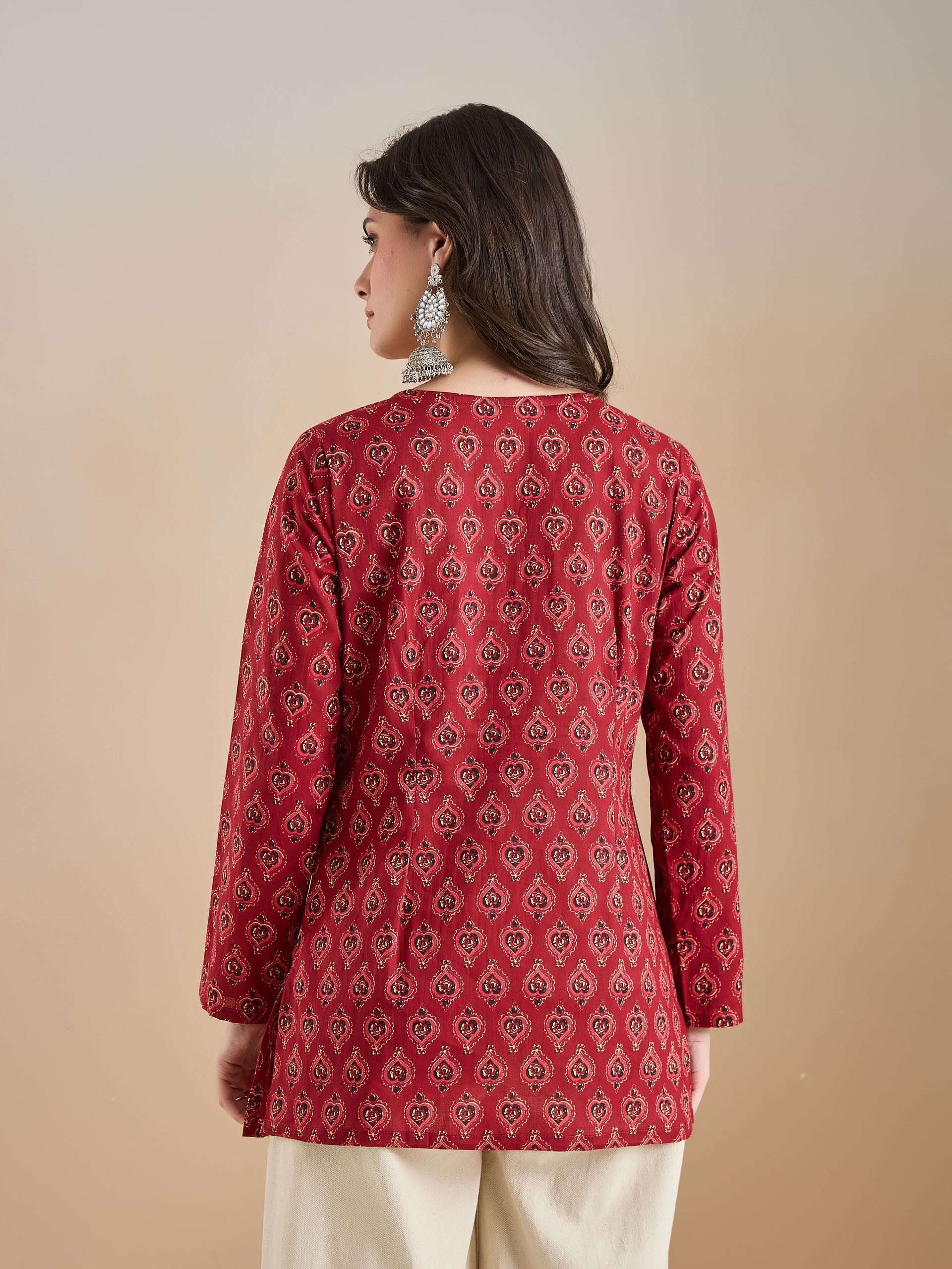 Women Ethnic Motif Print Pure Cotton Maroon Top