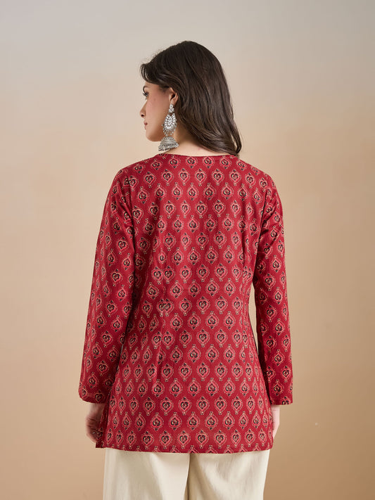 Women Ethnic Motif Print Pure Cotton Maroon Top