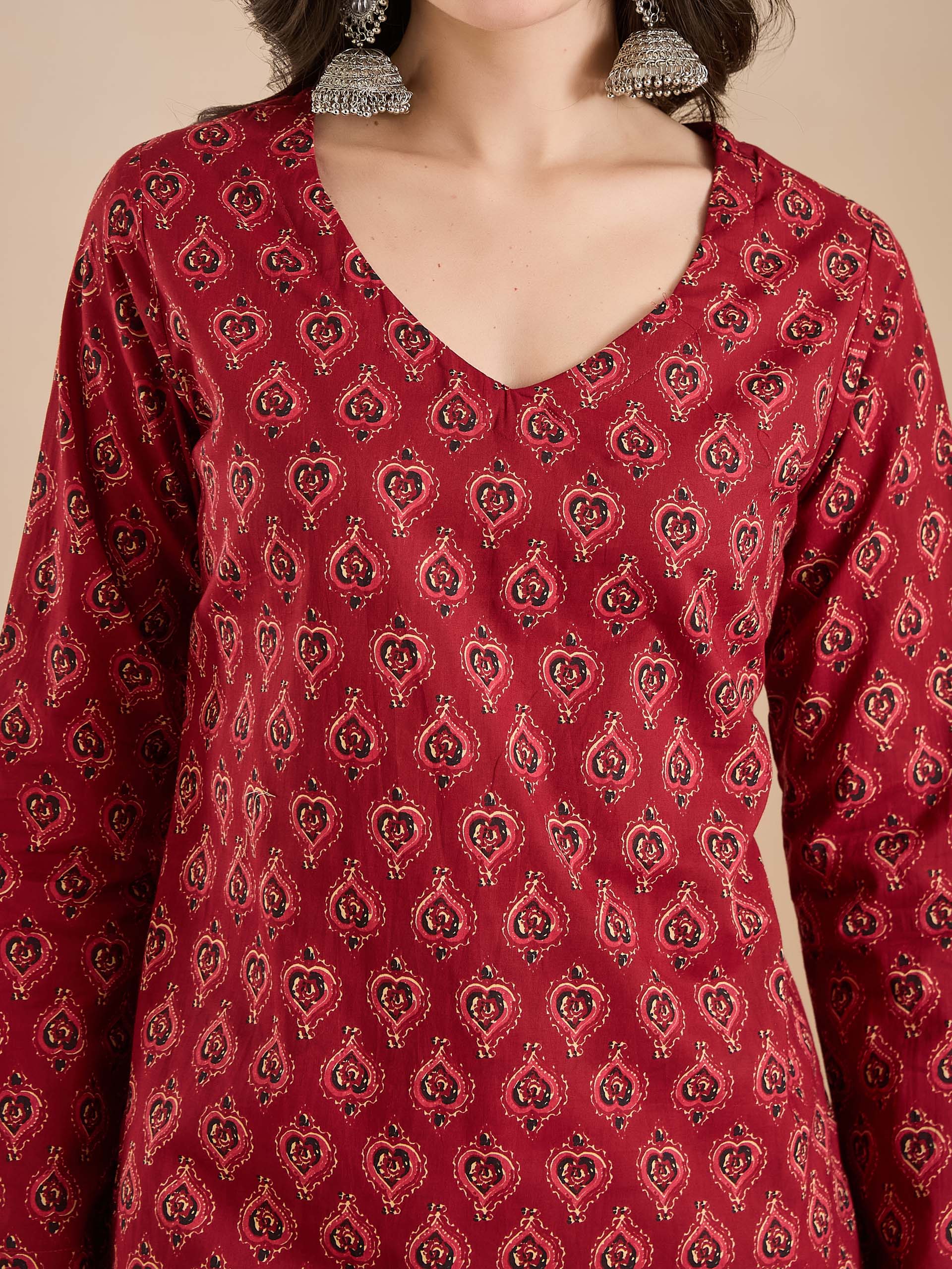 Women Ethnic Motif Print Pure Cotton Maroon Top