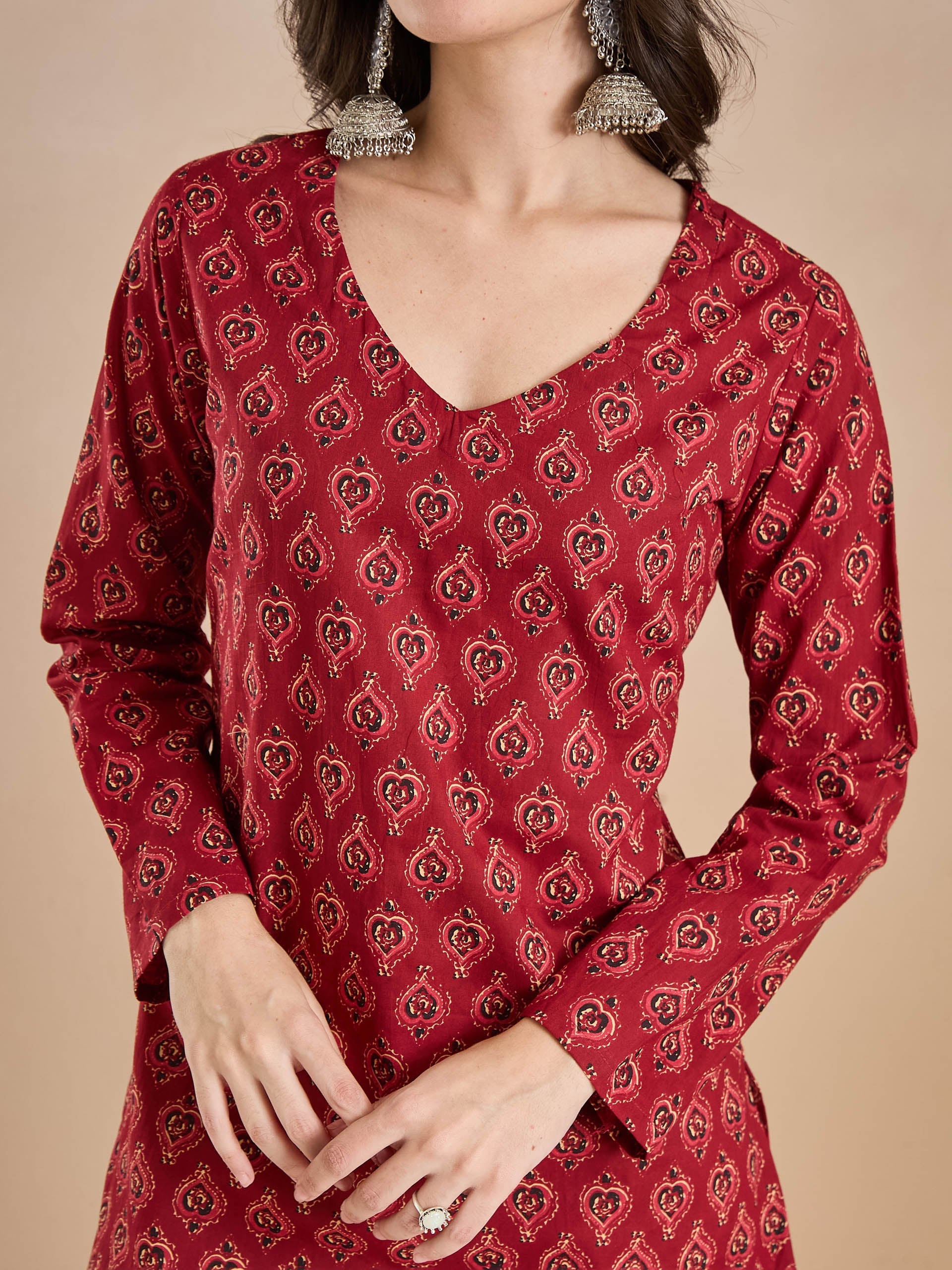 Women Ethnic Motif Print Pure Cotton Maroon Top