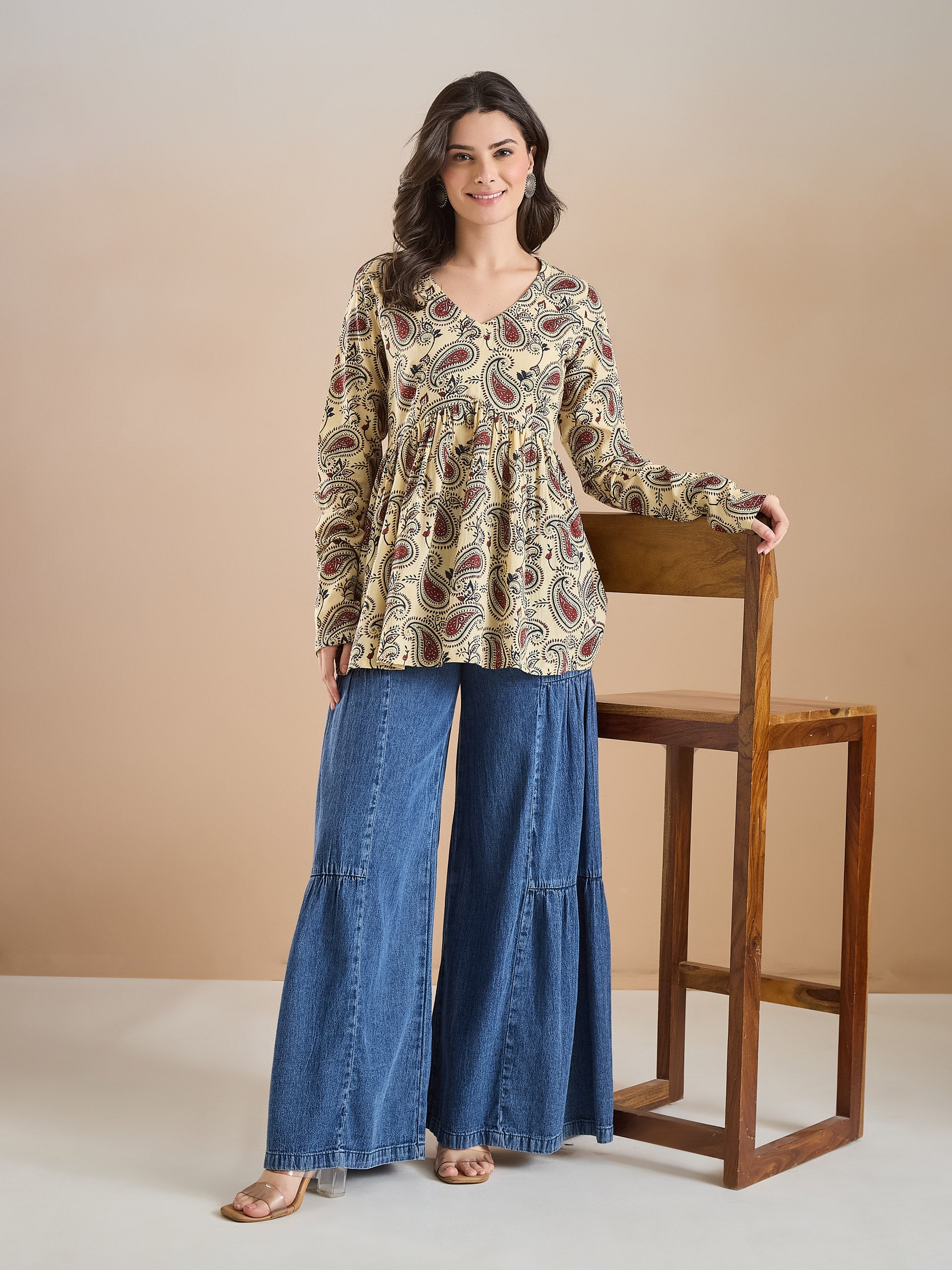 Paisley Print Pure Cotton Peplum Fit Cream Top