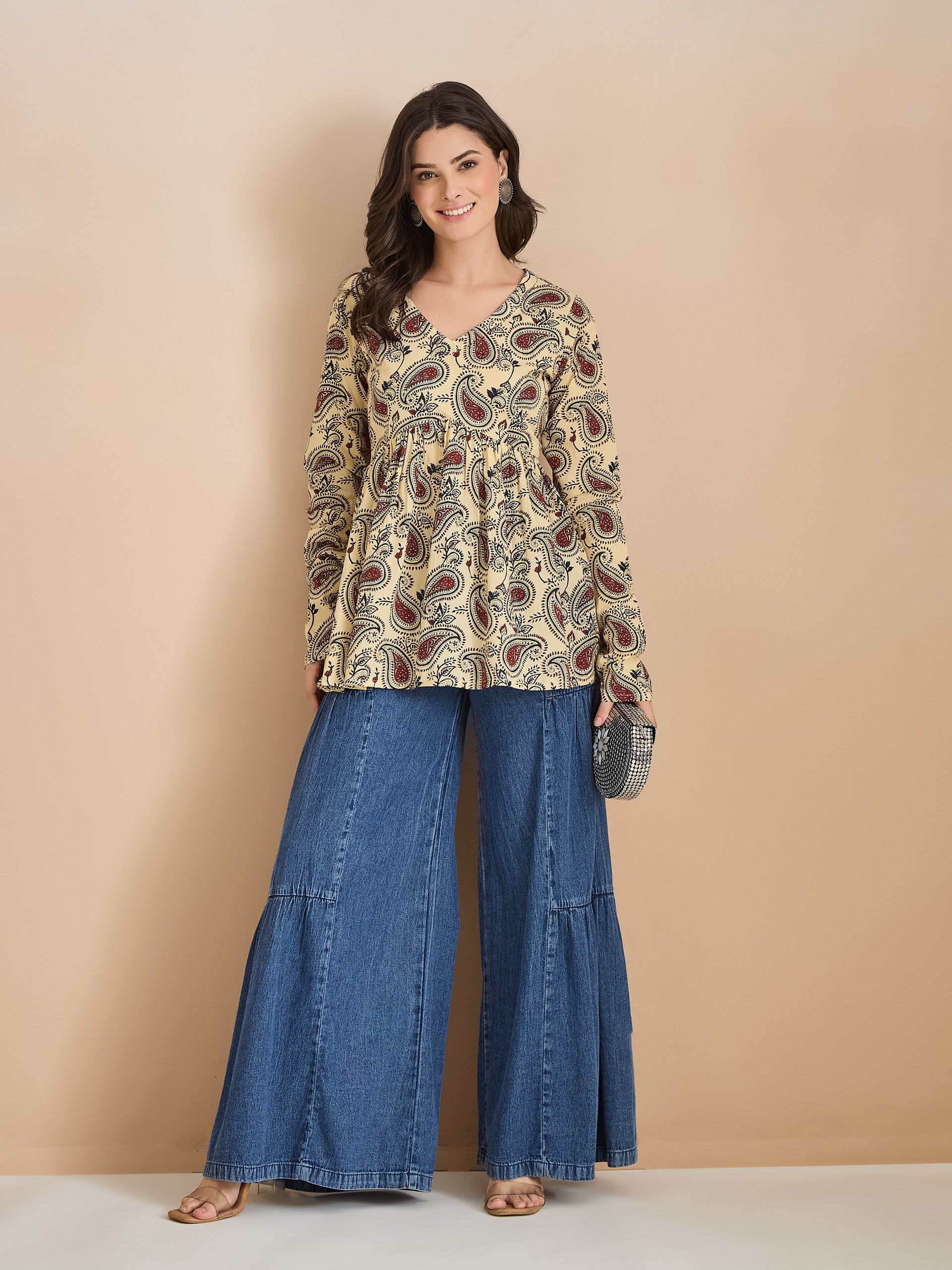 Paisley Print Pure Cotton Peplum Fit Cream Top
