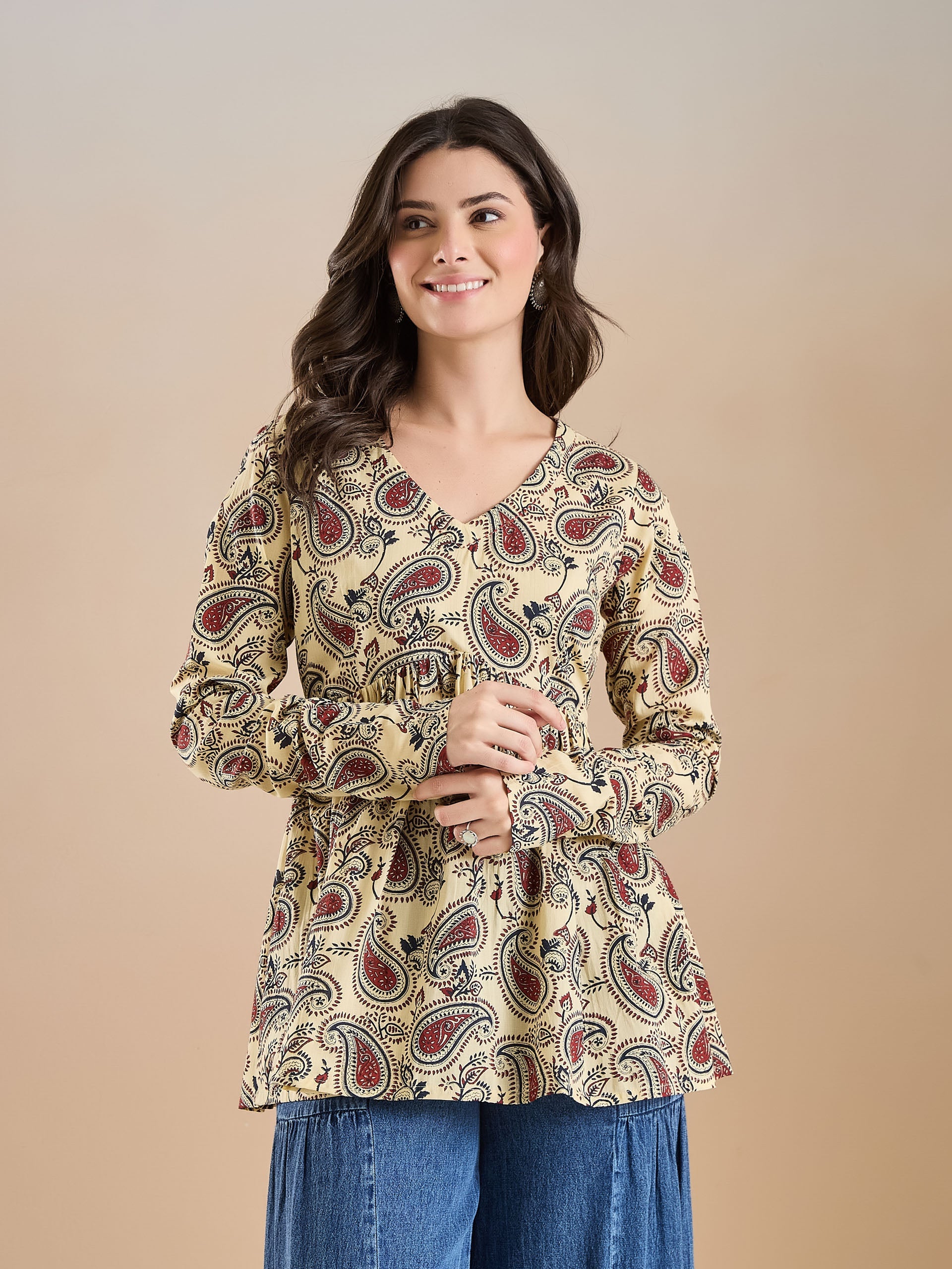 Paisley Print Pure Cotton Peplum Fit Cream Top