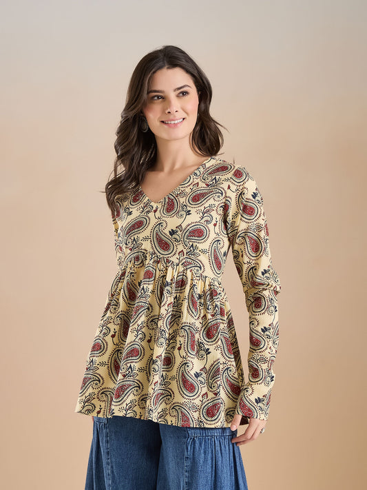 Paisley Print Pure Cotton Peplum Fit Cream Top