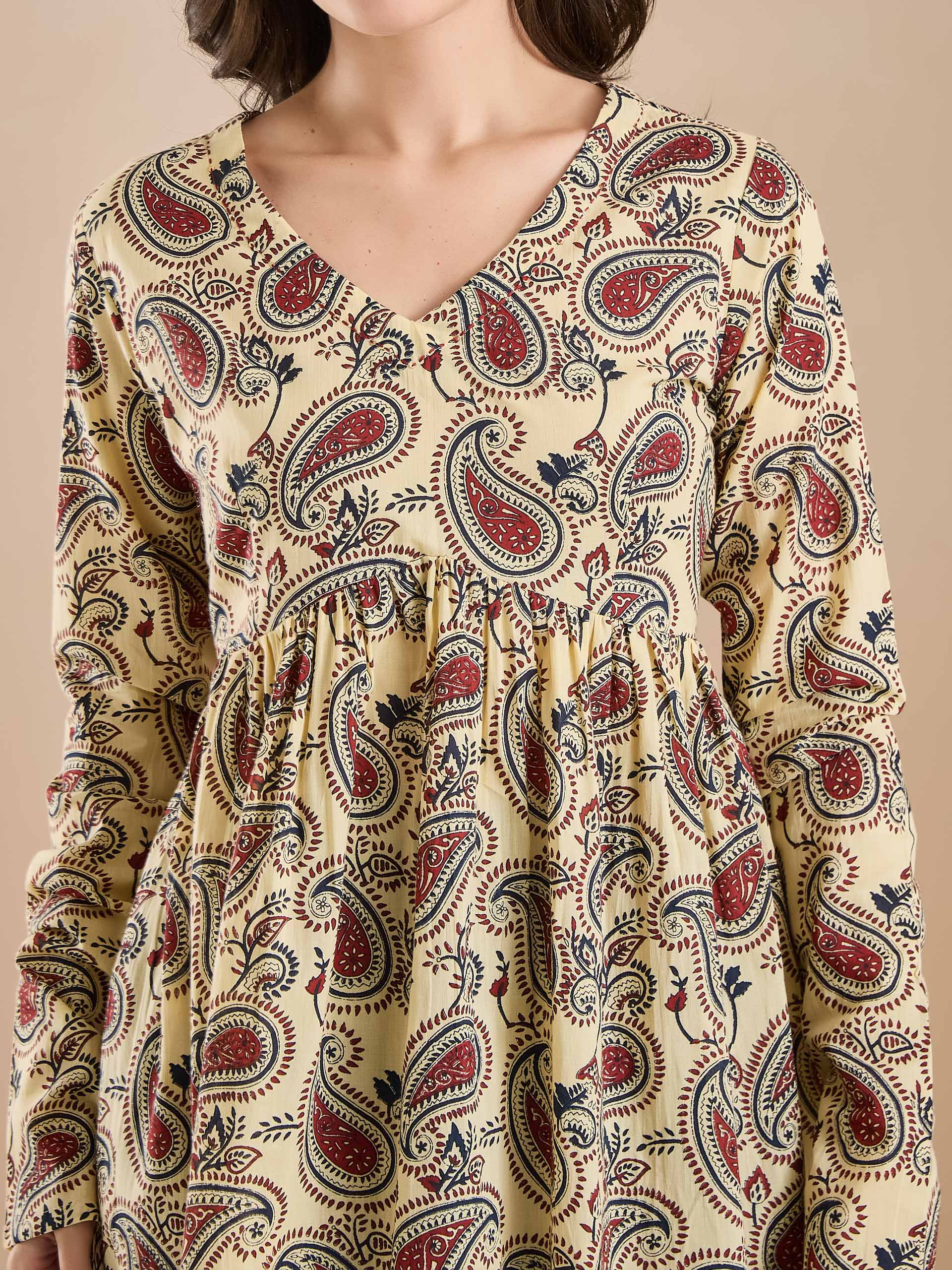 Paisley Print Pure Cotton Peplum Fit Cream Top
