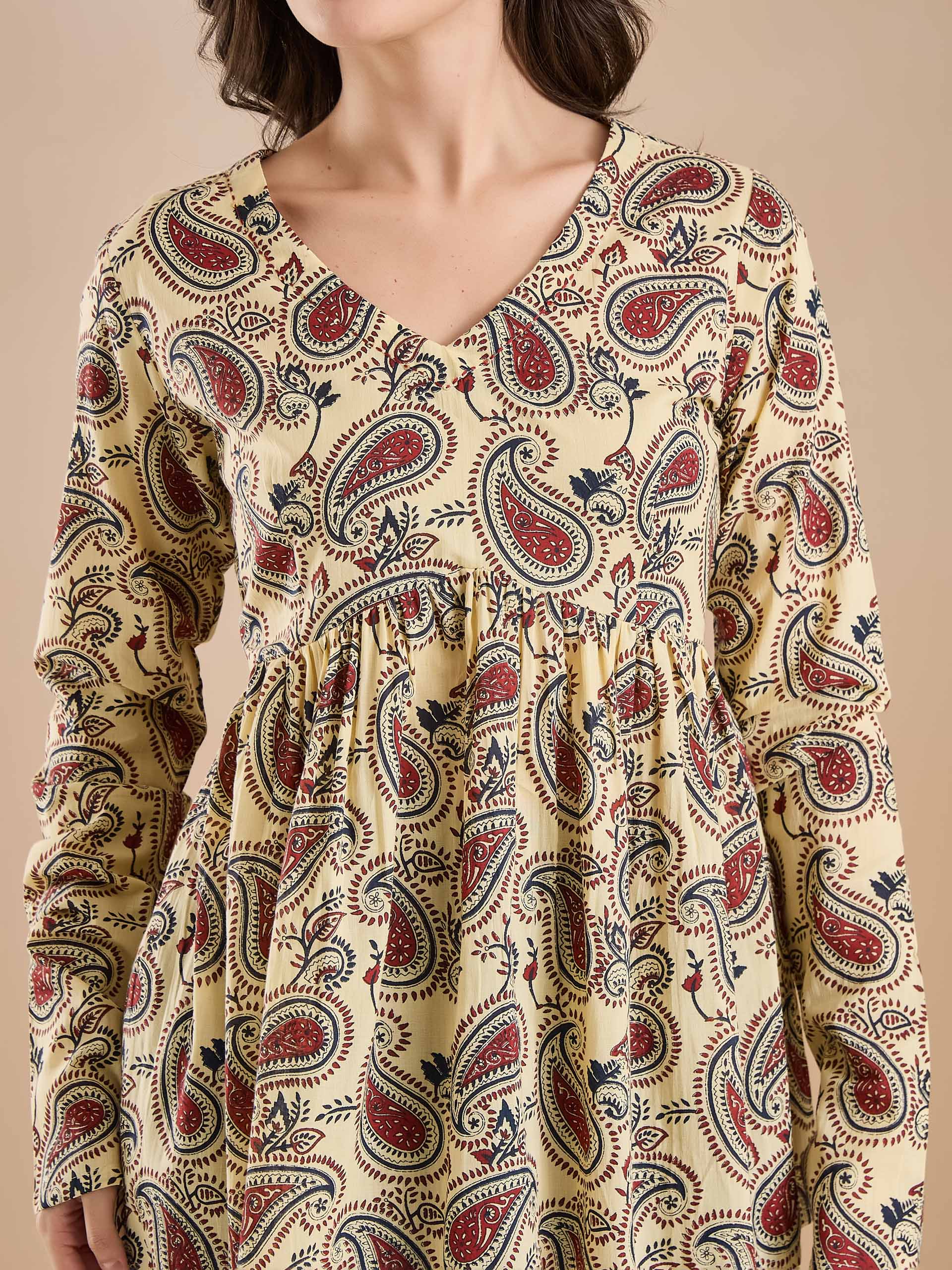 Paisley Print Pure Cotton Peplum Fit Cream Top