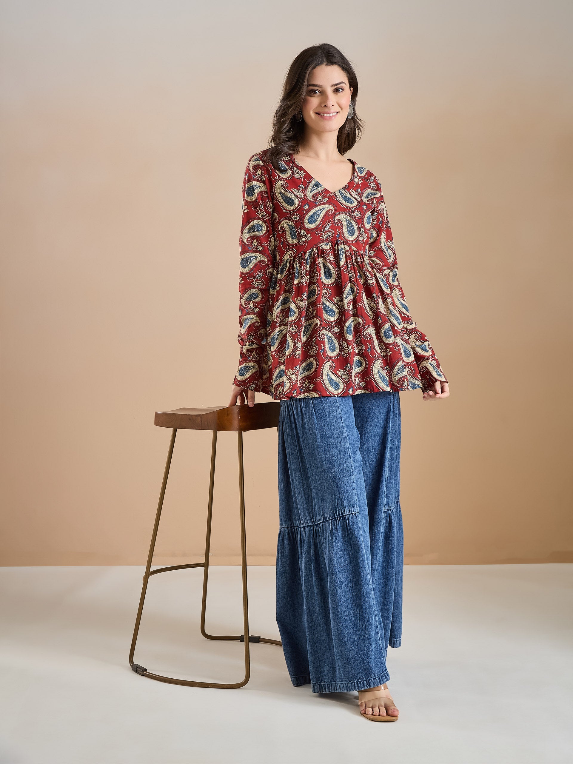 Floral Print Pure Cotton Peplum Fit Maroon Top