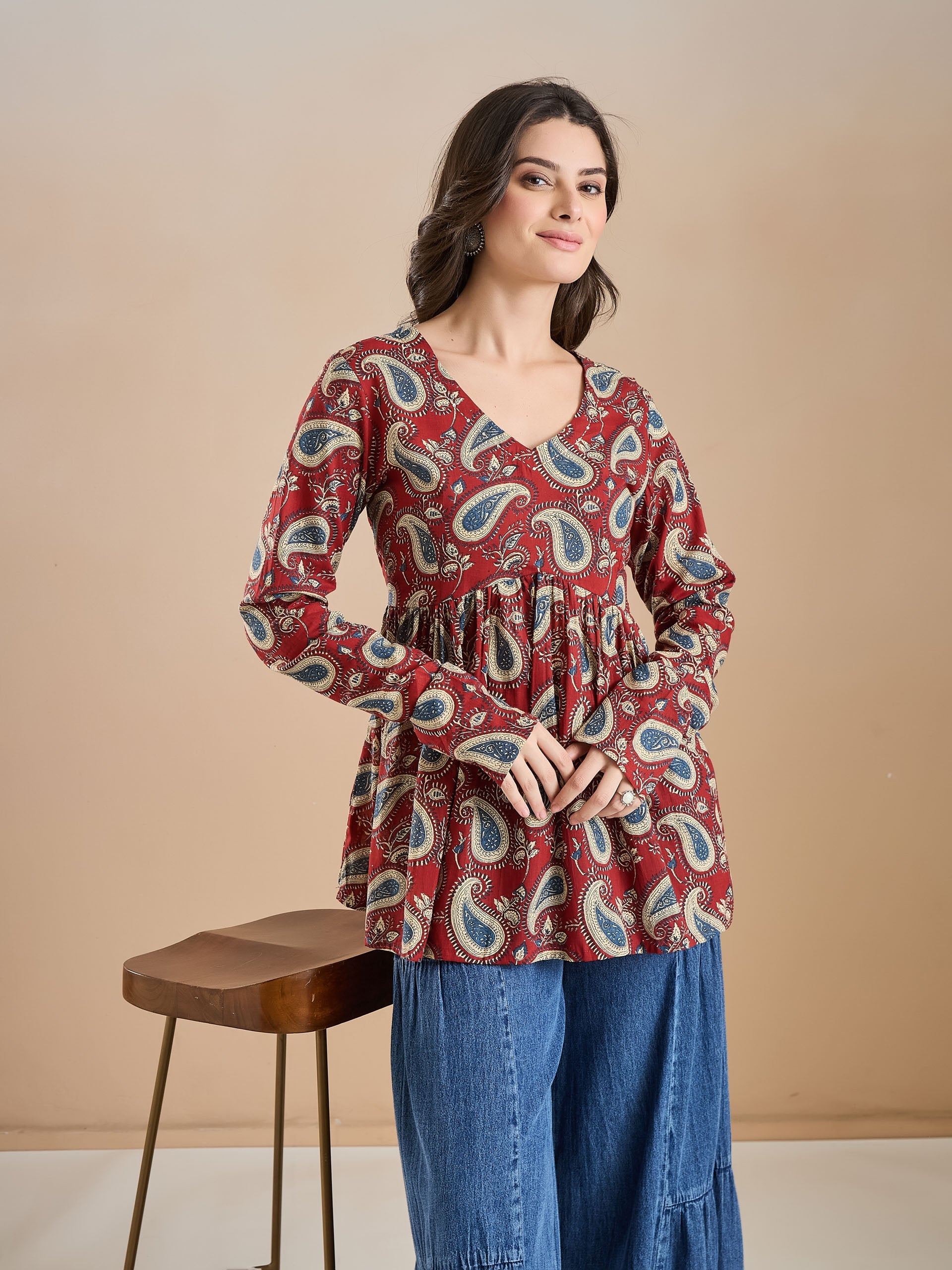 Floral Print Pure Cotton Peplum Fit Maroon Top