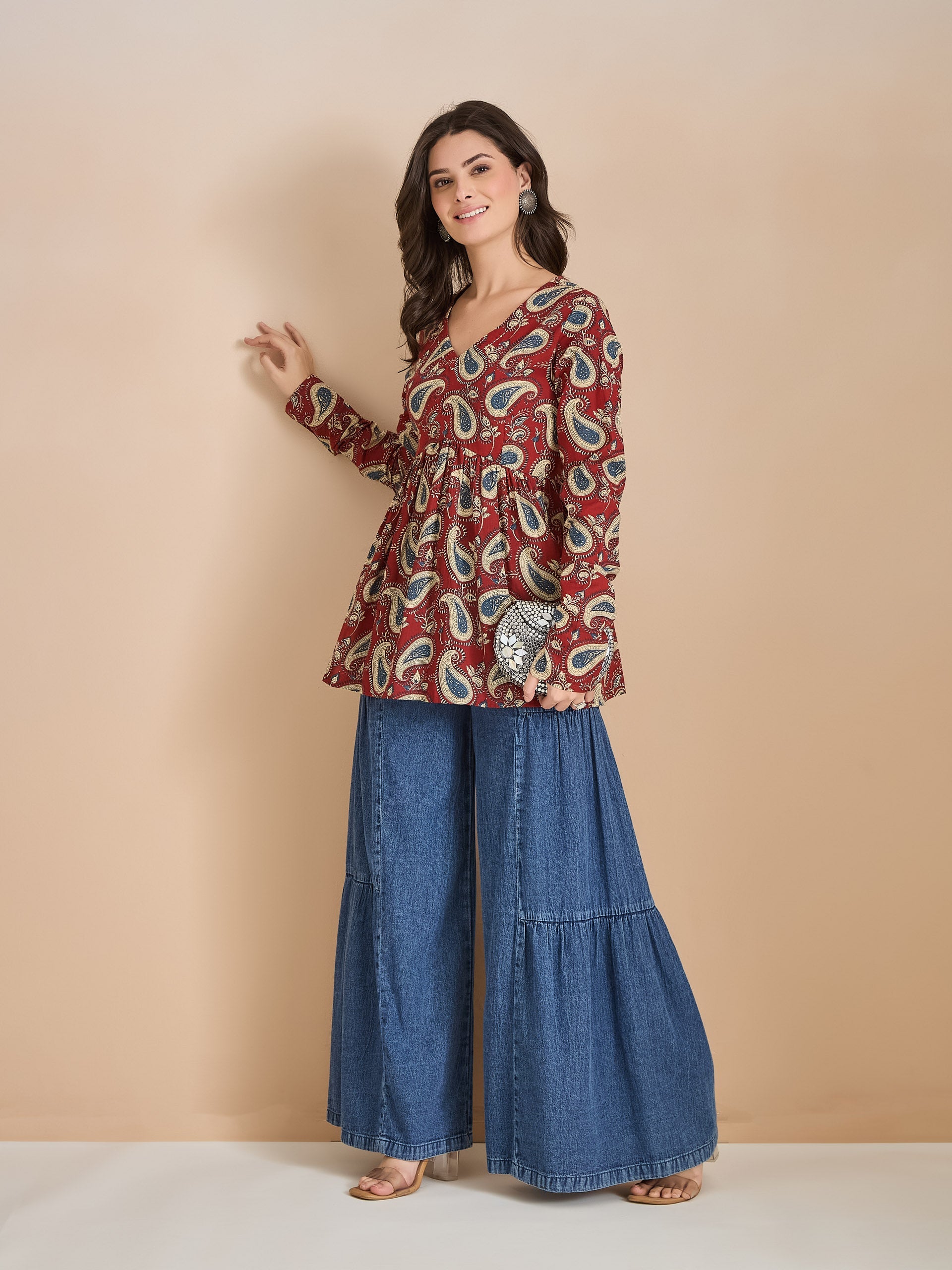 Floral Print Pure Cotton Peplum Fit Maroon Top