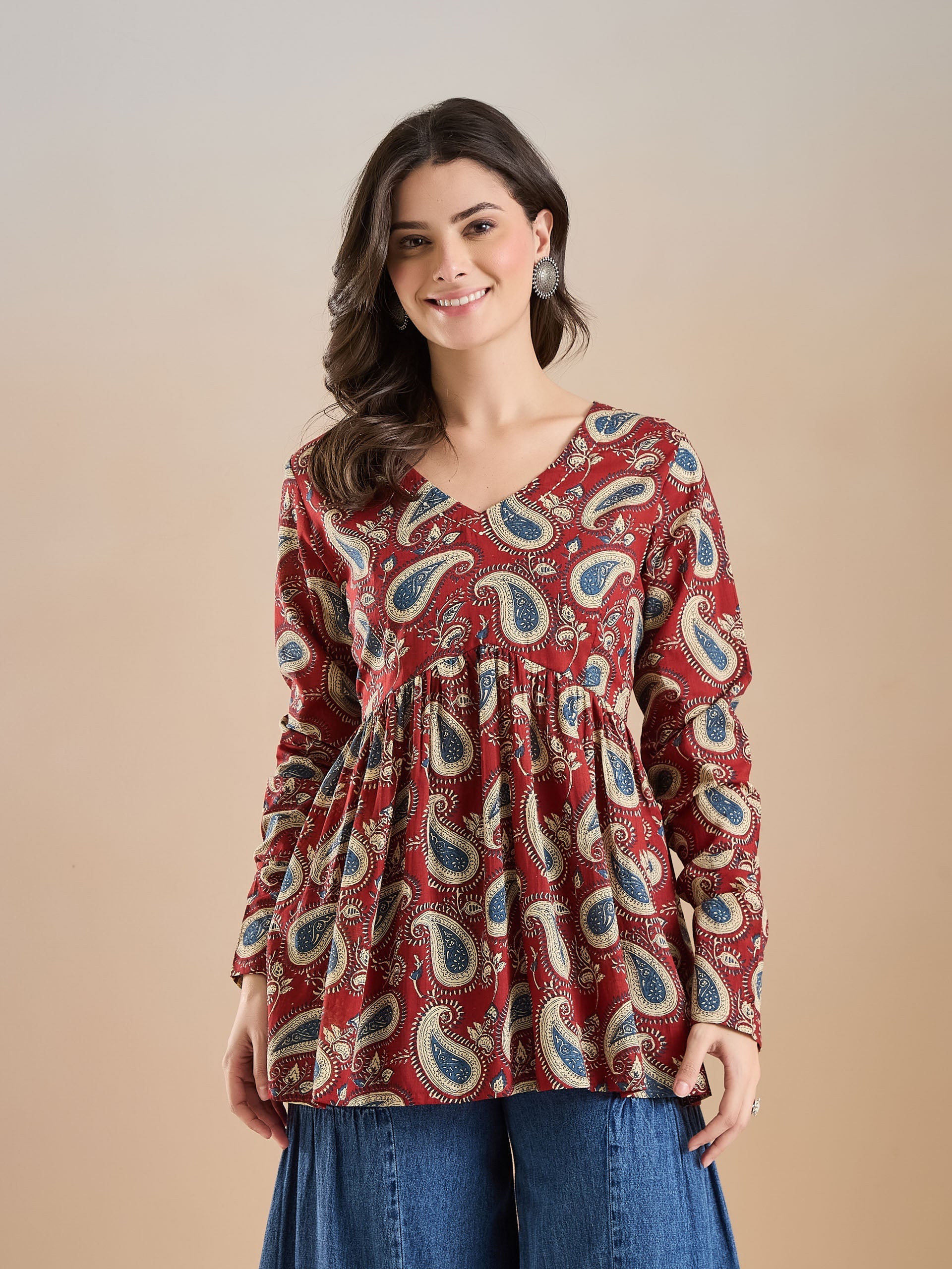 Floral Print Pure Cotton Peplum Fit Maroon Top