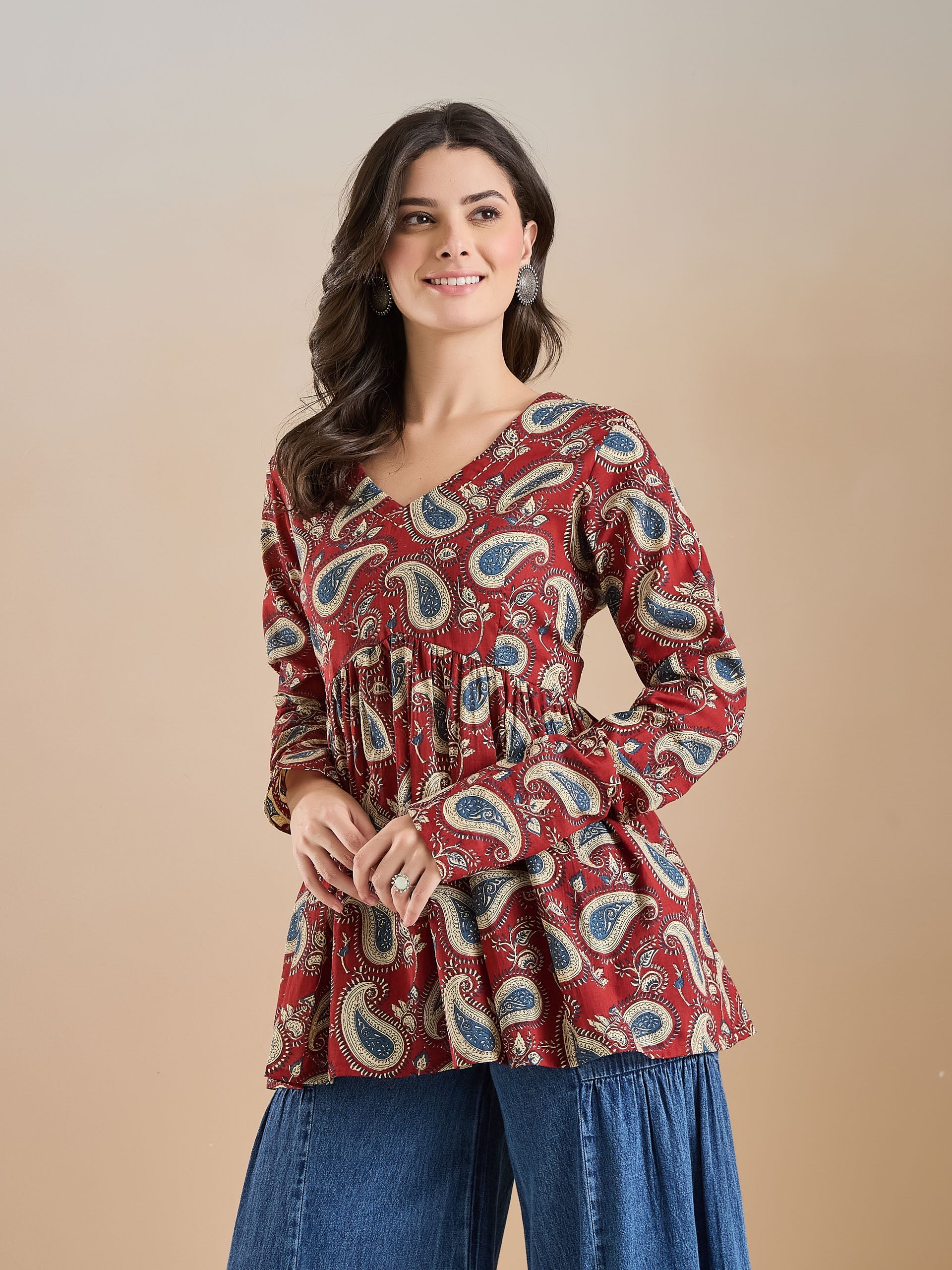 Floral Print Pure Cotton Peplum Fit Maroon Top