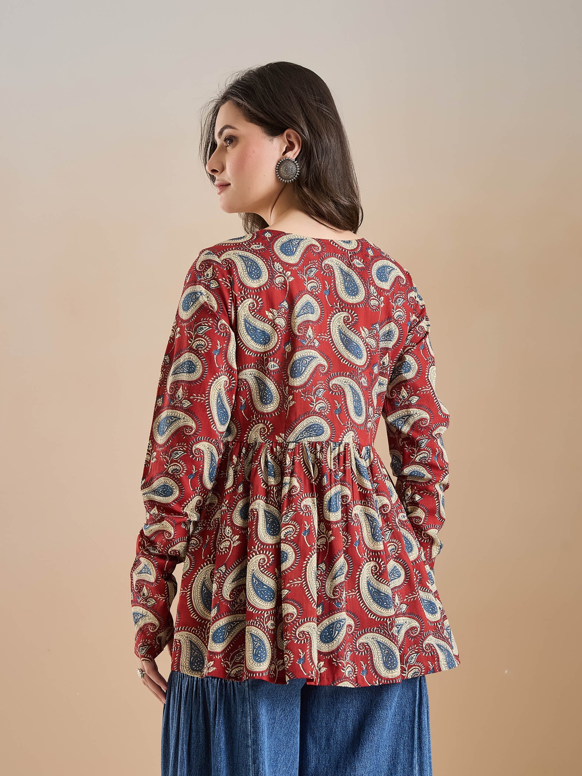 Floral Print Pure Cotton Peplum Fit Maroon Top