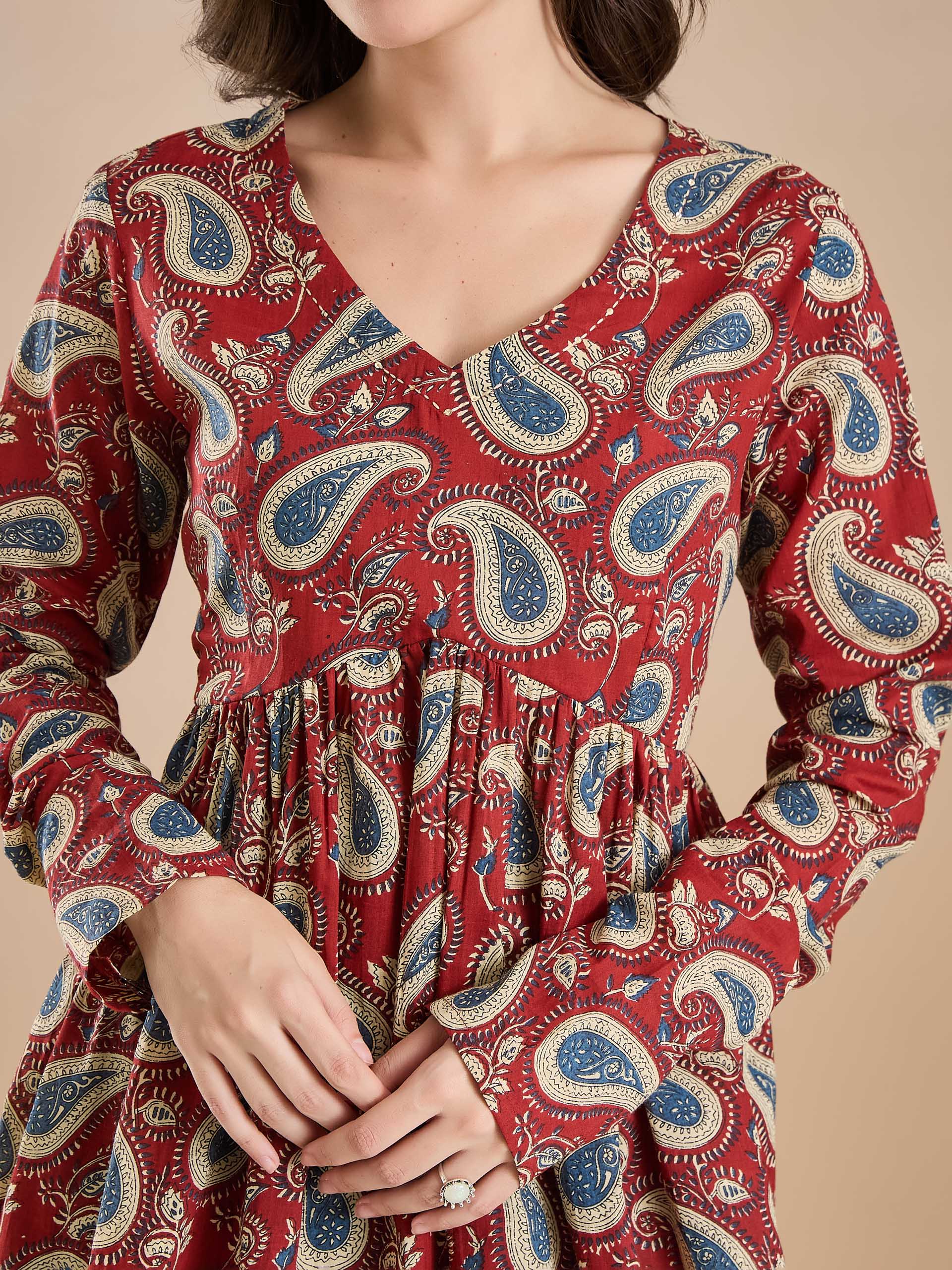 Floral Print Pure Cotton Peplum Fit Maroon Top